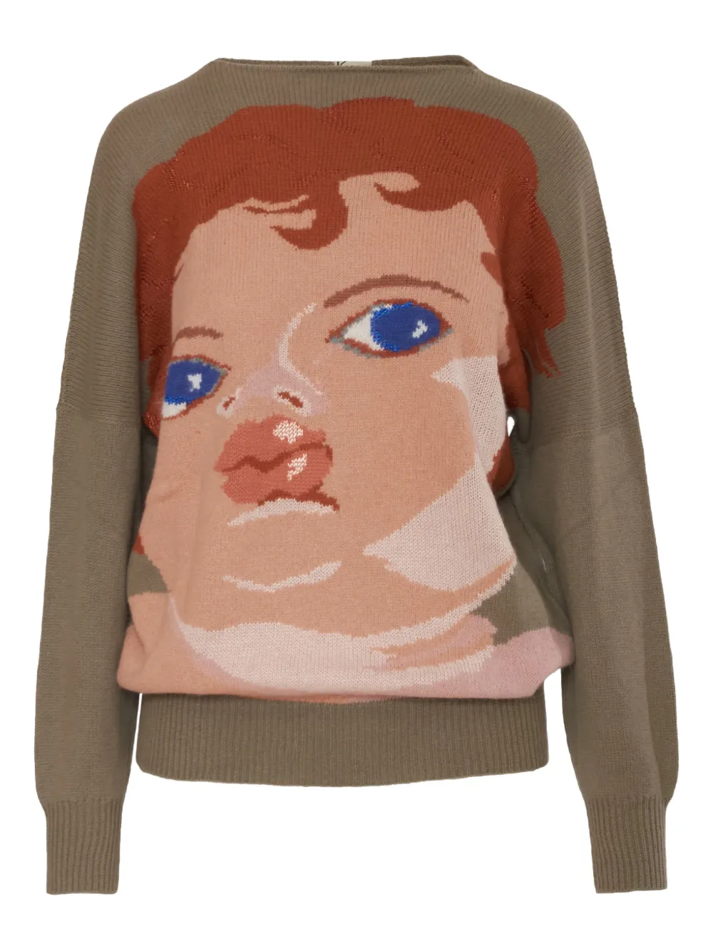 Face motif sweater in taupe wool blend