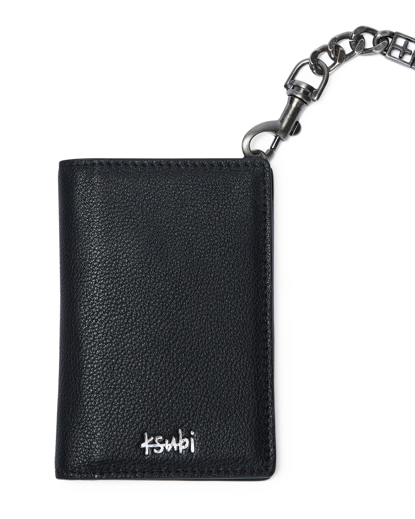 Rear view of the black pebble leather and logo emboss