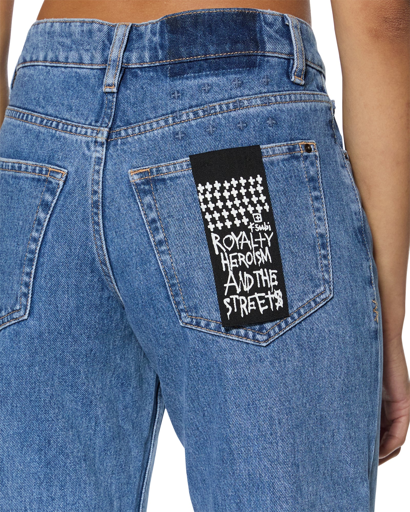 Close-up on the pocket patch and back cross embroidery