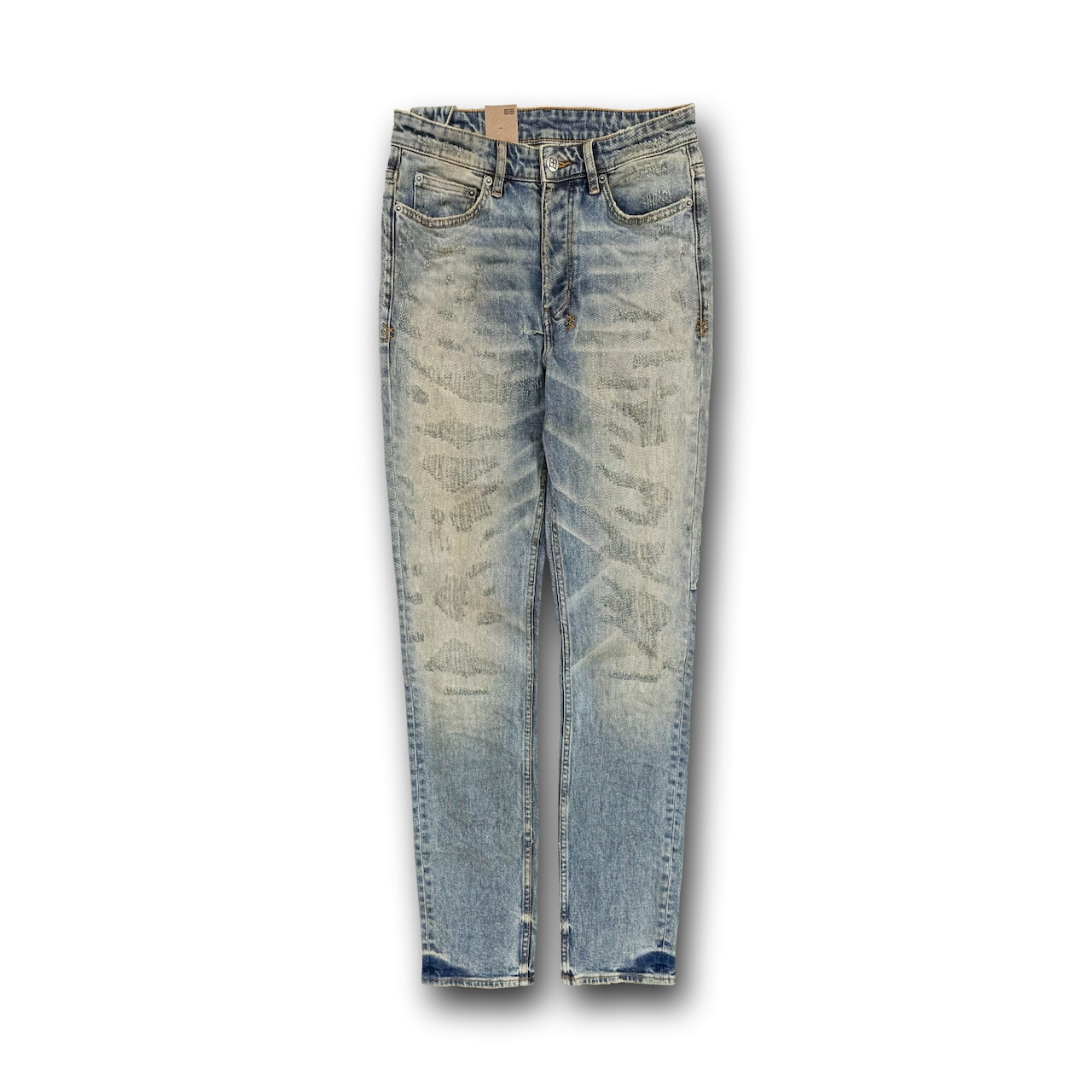 Full-length front view with the distressed wash and repair work