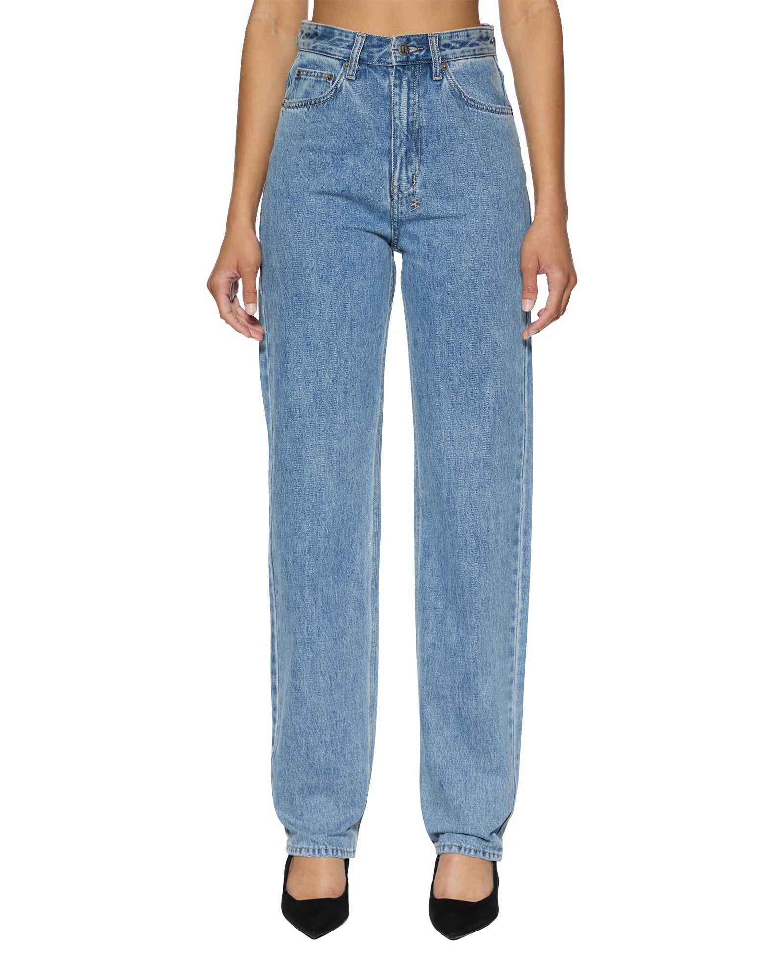 Front full-length view of the relaxed straight silhouette