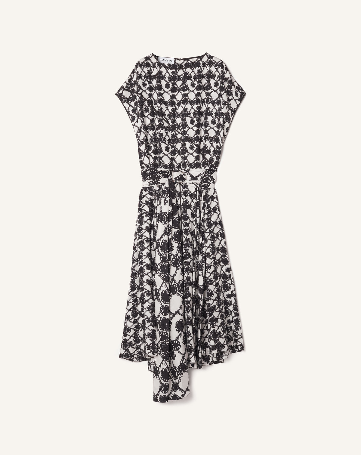 Flat view — the black-and-white print and asymmetric skirt