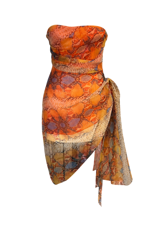 Asymmetrical Strapless Mini Dress with Neck Tie