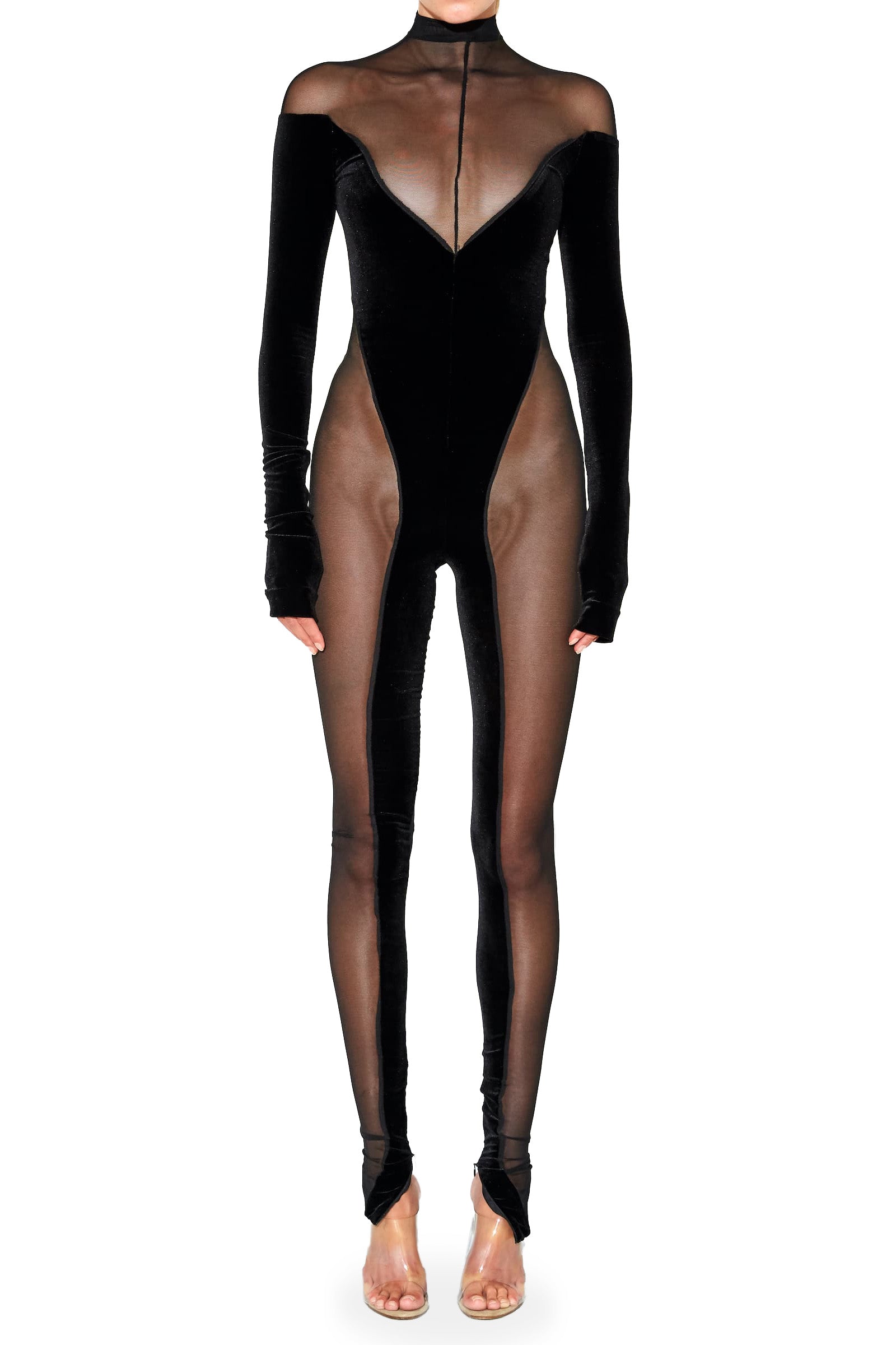 Off the Shoulder Sheer and Velvet Catsuit