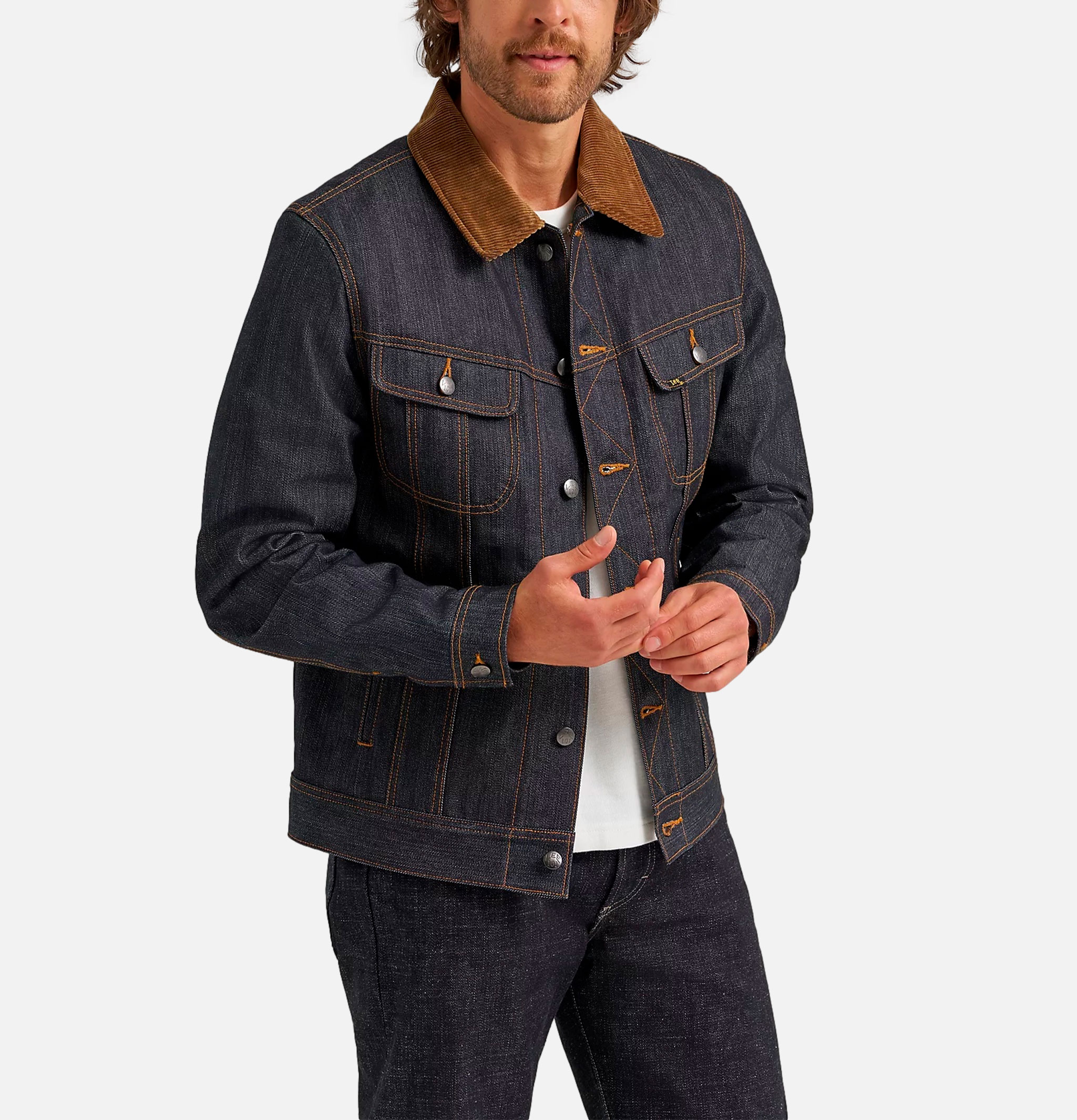 Another studio fit shot showing the corduroy collar