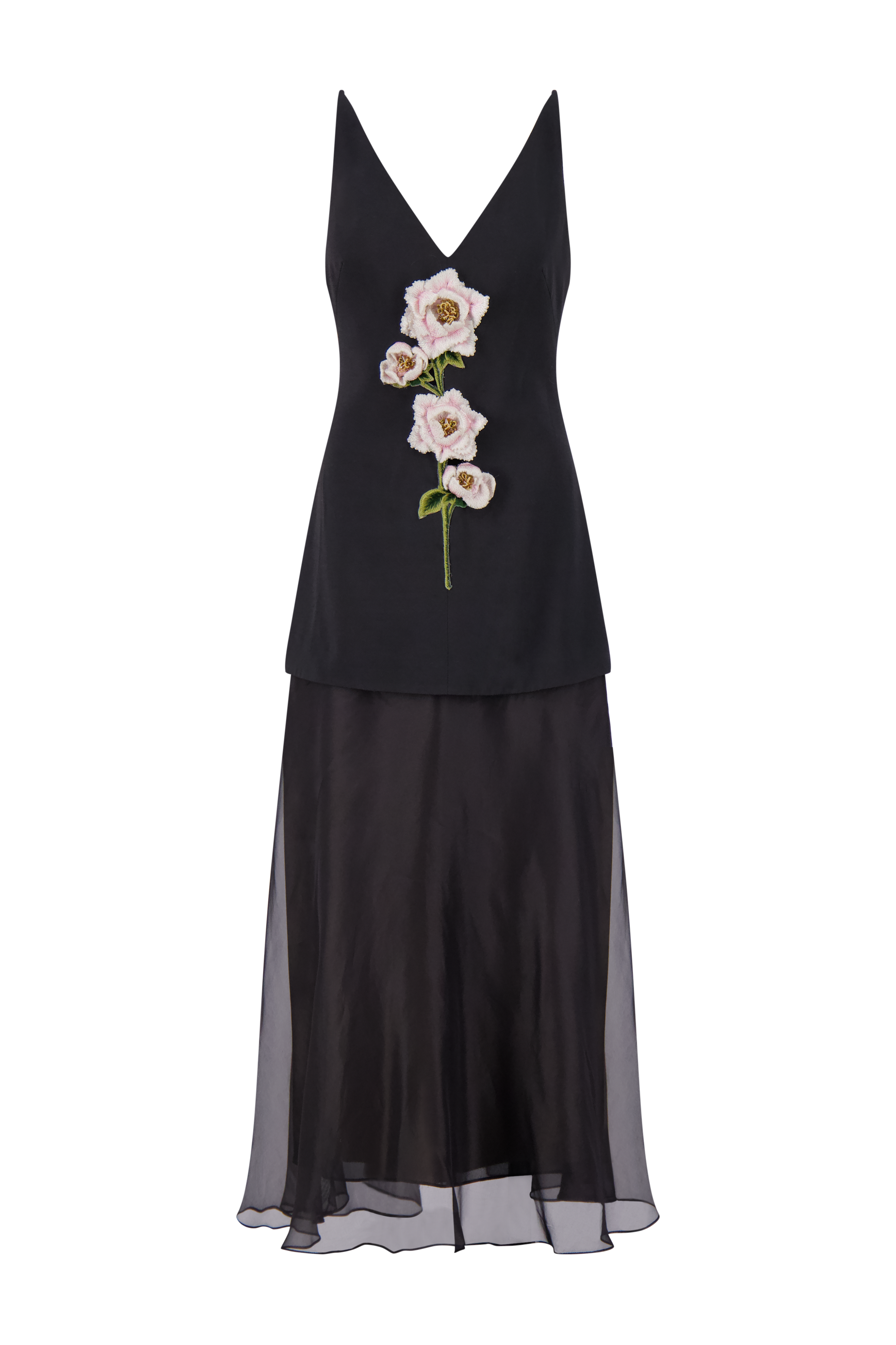 3D Peony Embroidered Faille V-Neck Dress