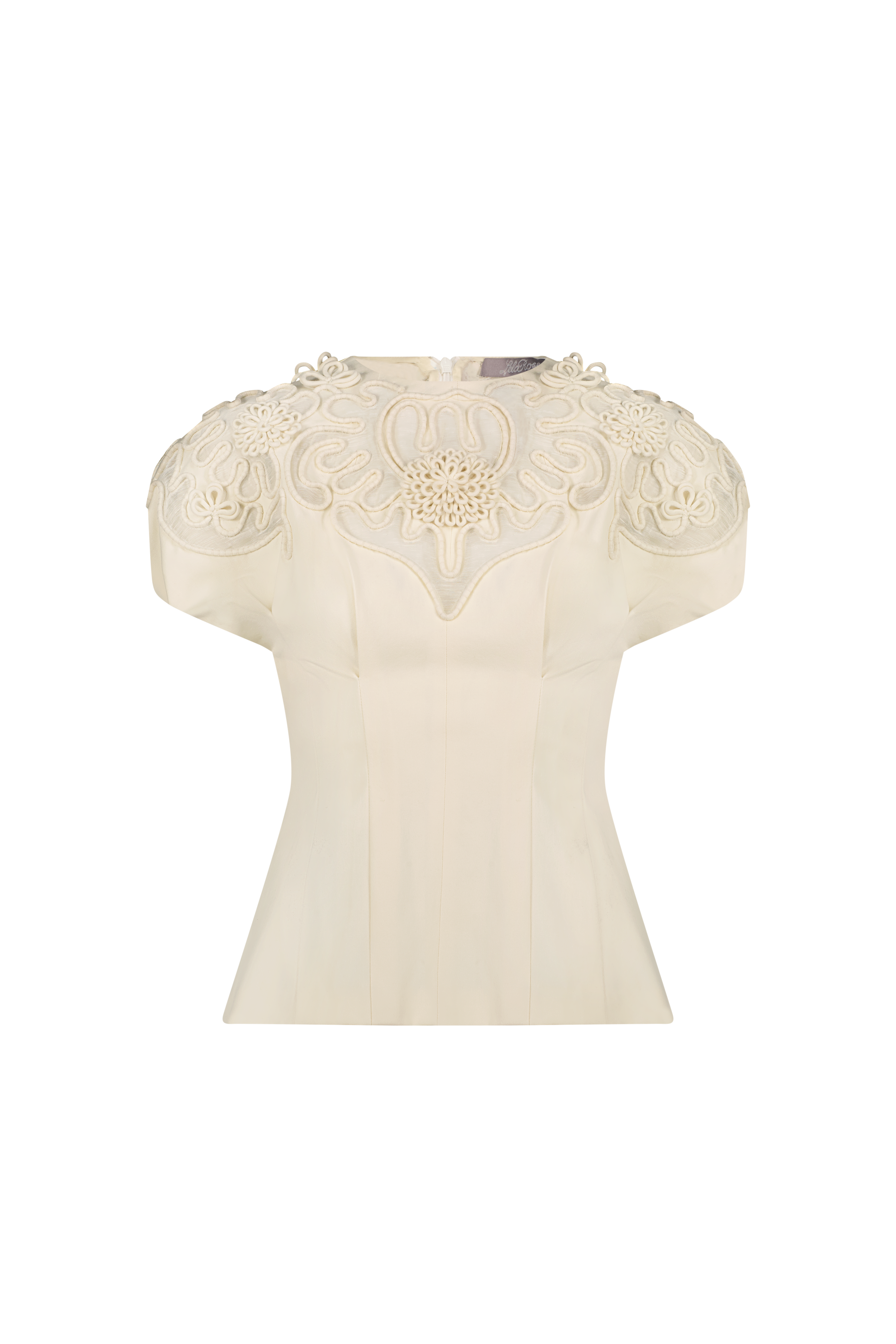 Cord Embroidered Stretch Cotton Bubble Sleeve Top