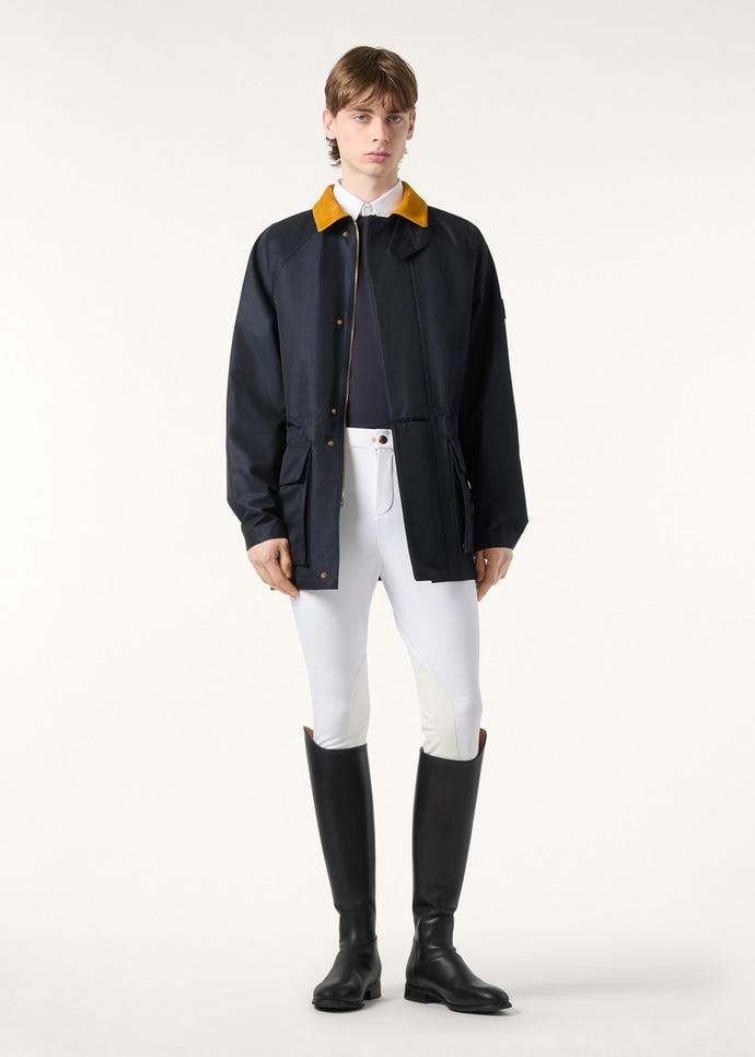 Front — the notched zip flap and drawstring waist