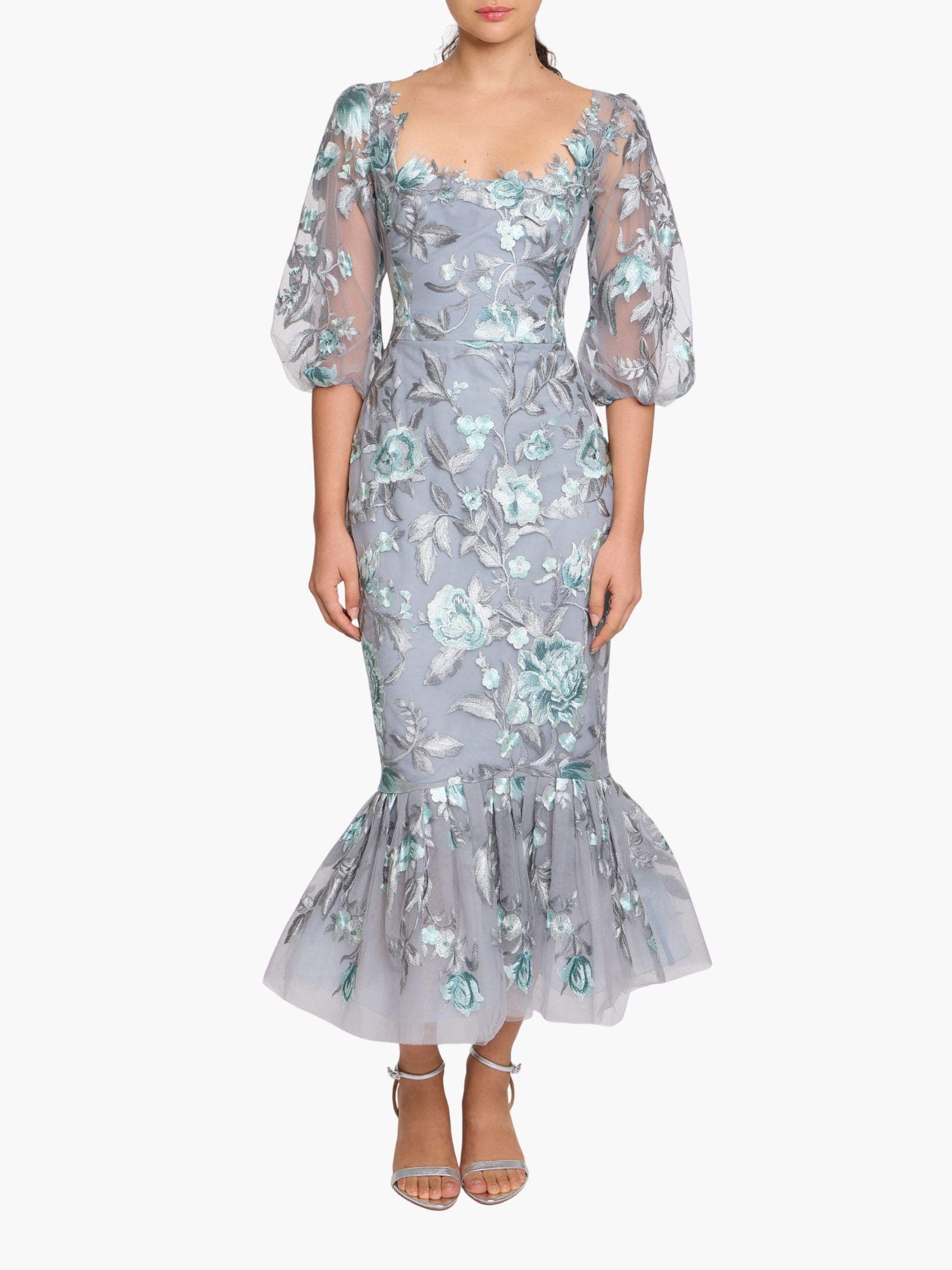 Botanist Bloom Embroidered Puff Sleeve Midi Dress