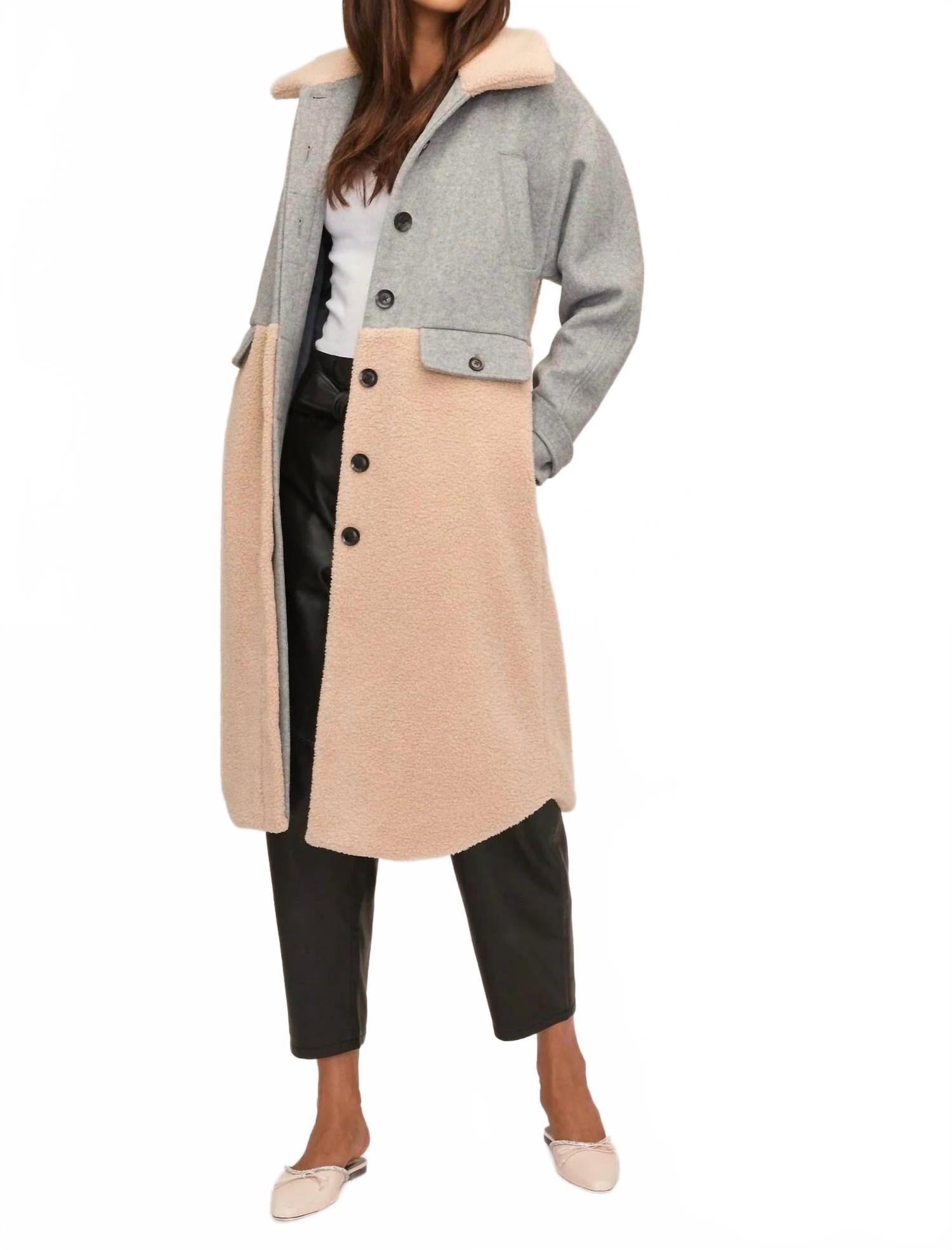 Reese Sherpa Wool Coat In Grey Wool Beige Combo