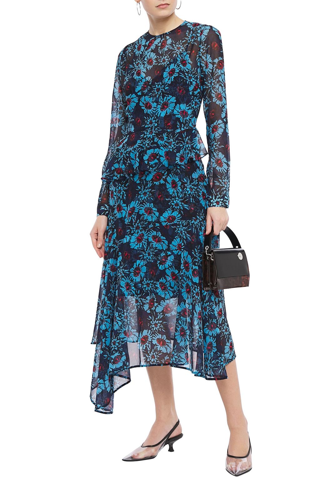 Rosie Asymmetric Floral-Print Georgette Peplum Midi Dress