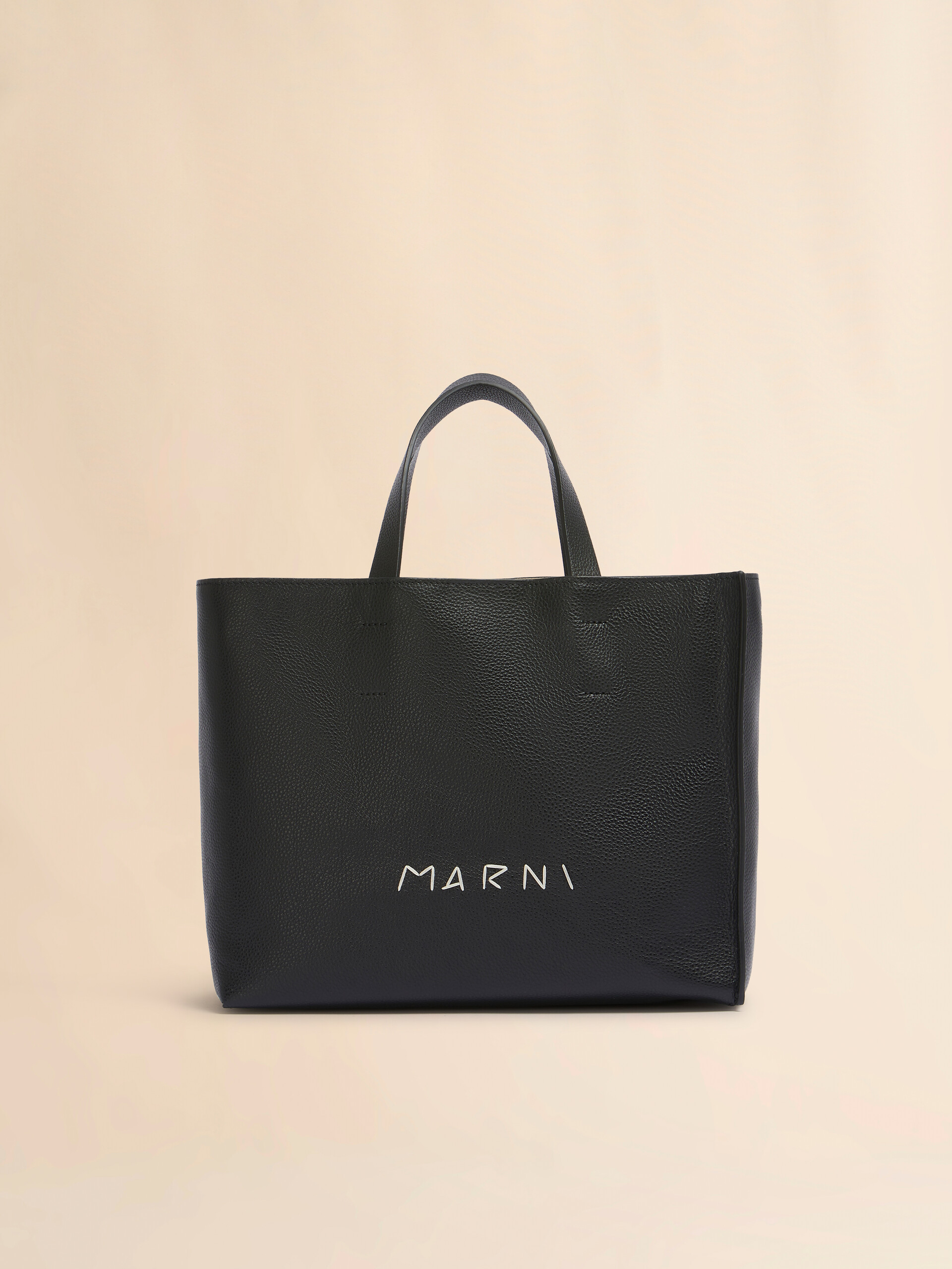 Black leather Museo Soft tote Bag with Marni Symbol embroidery