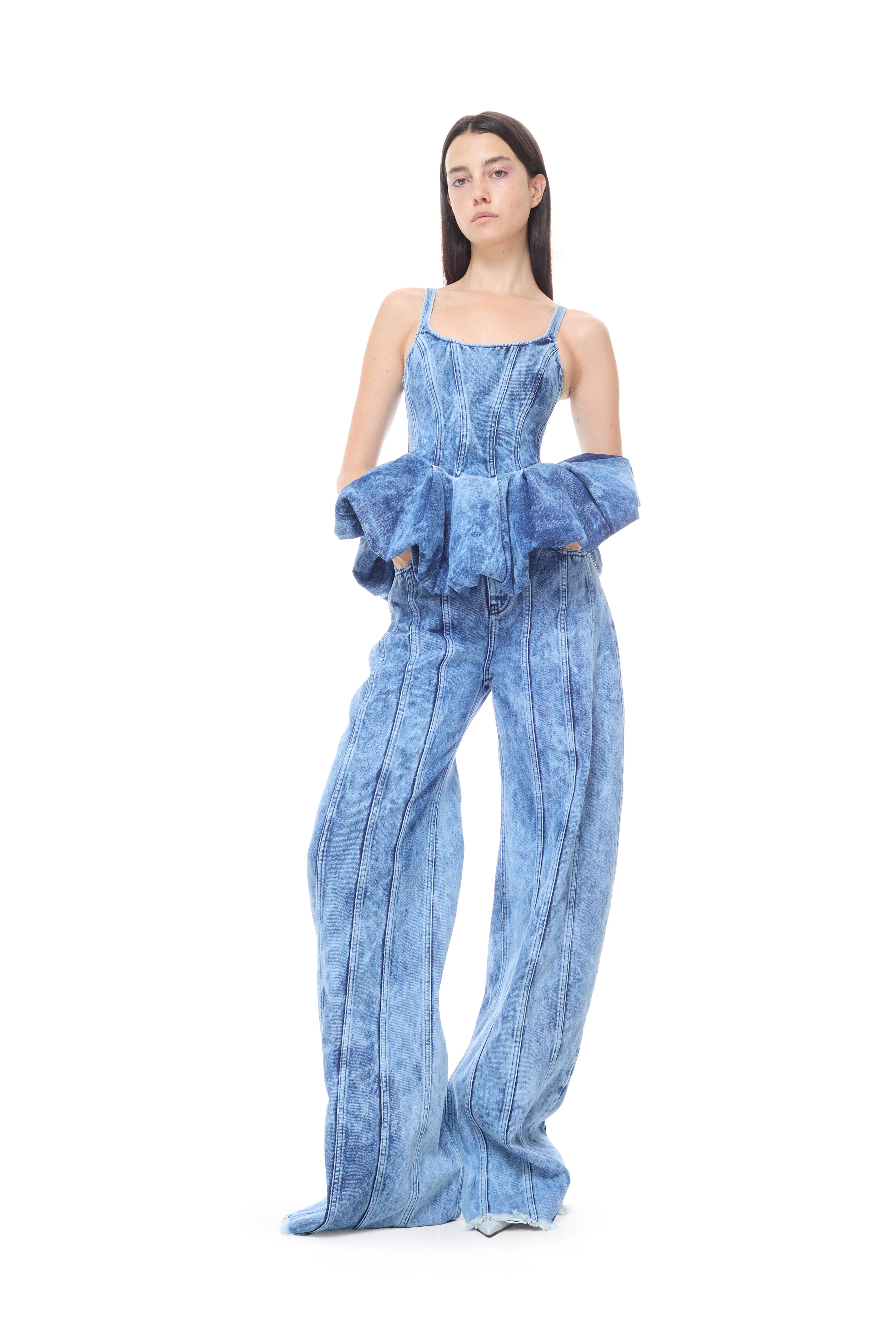 BLUE ACID WASH BOYFRIEND TROUSERS WITH SEAM LINES