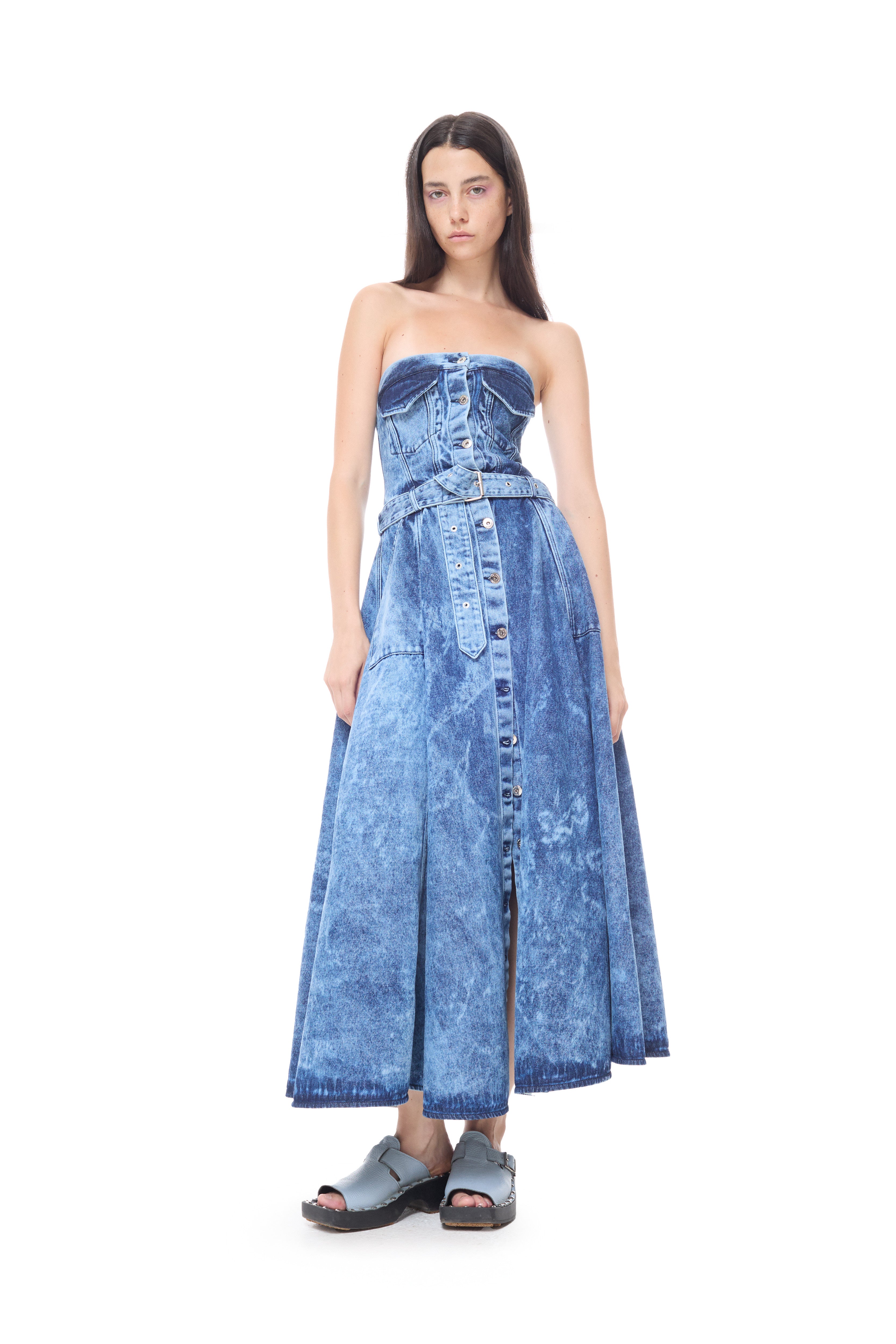 BLUE ACID WASH DENIM STRAPLESS CORSET MIDI DRESS