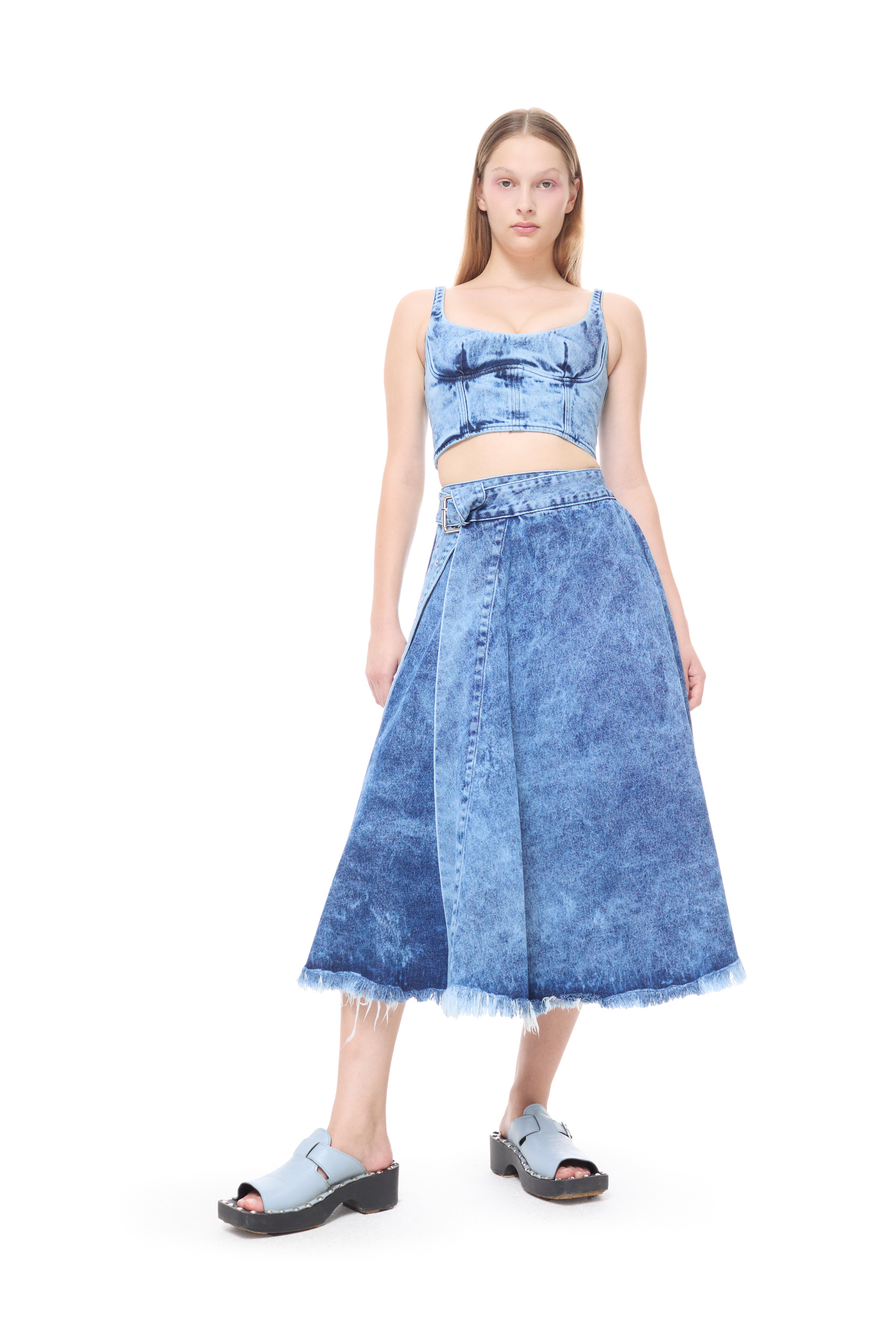 BLUE ACID WASH MIDI KILT SKIRT WITH BUCKLE FASTENING