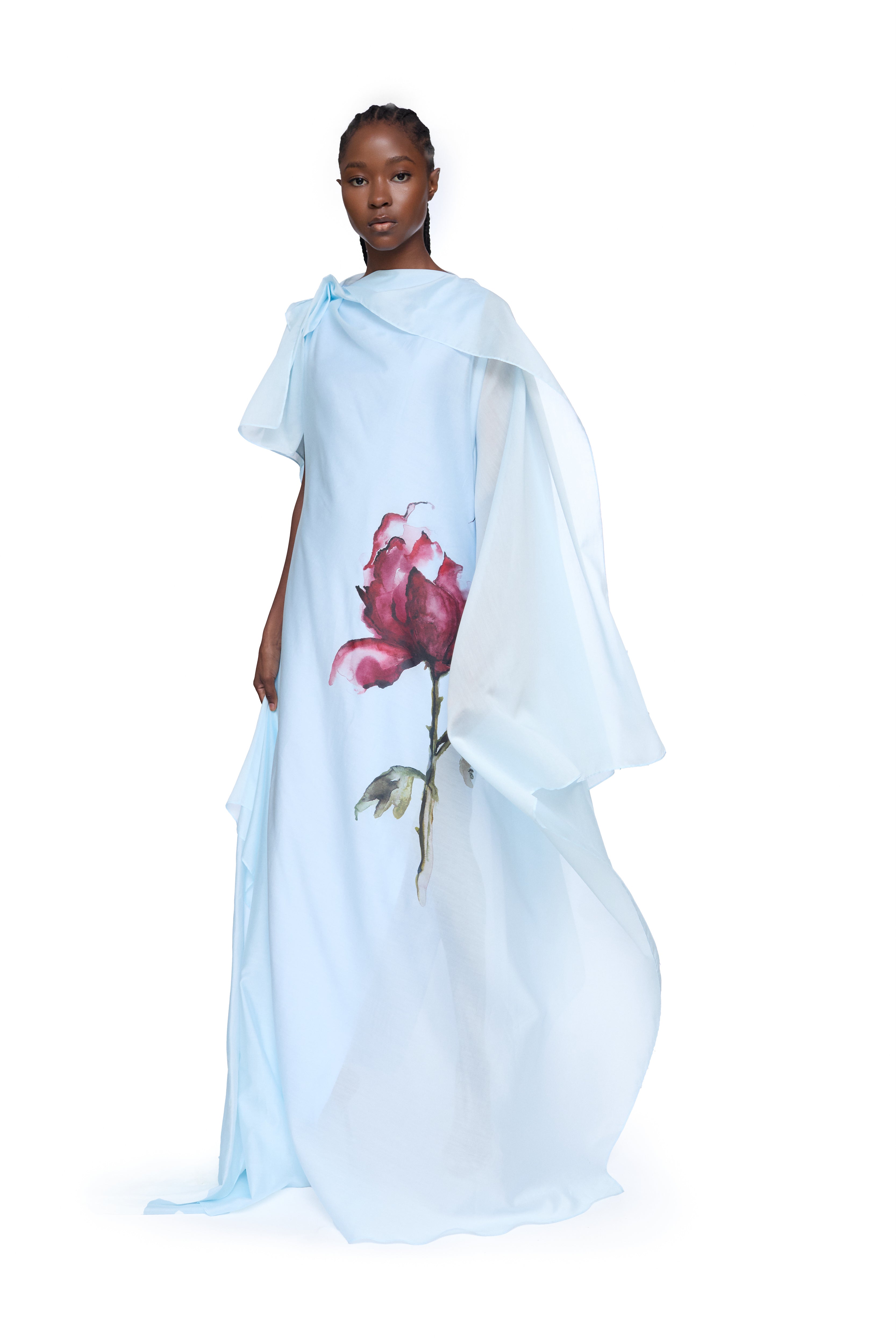 LIGHT BLUE WATERCOLOUR FLOWER SCARF DRAPE LONG DRESS