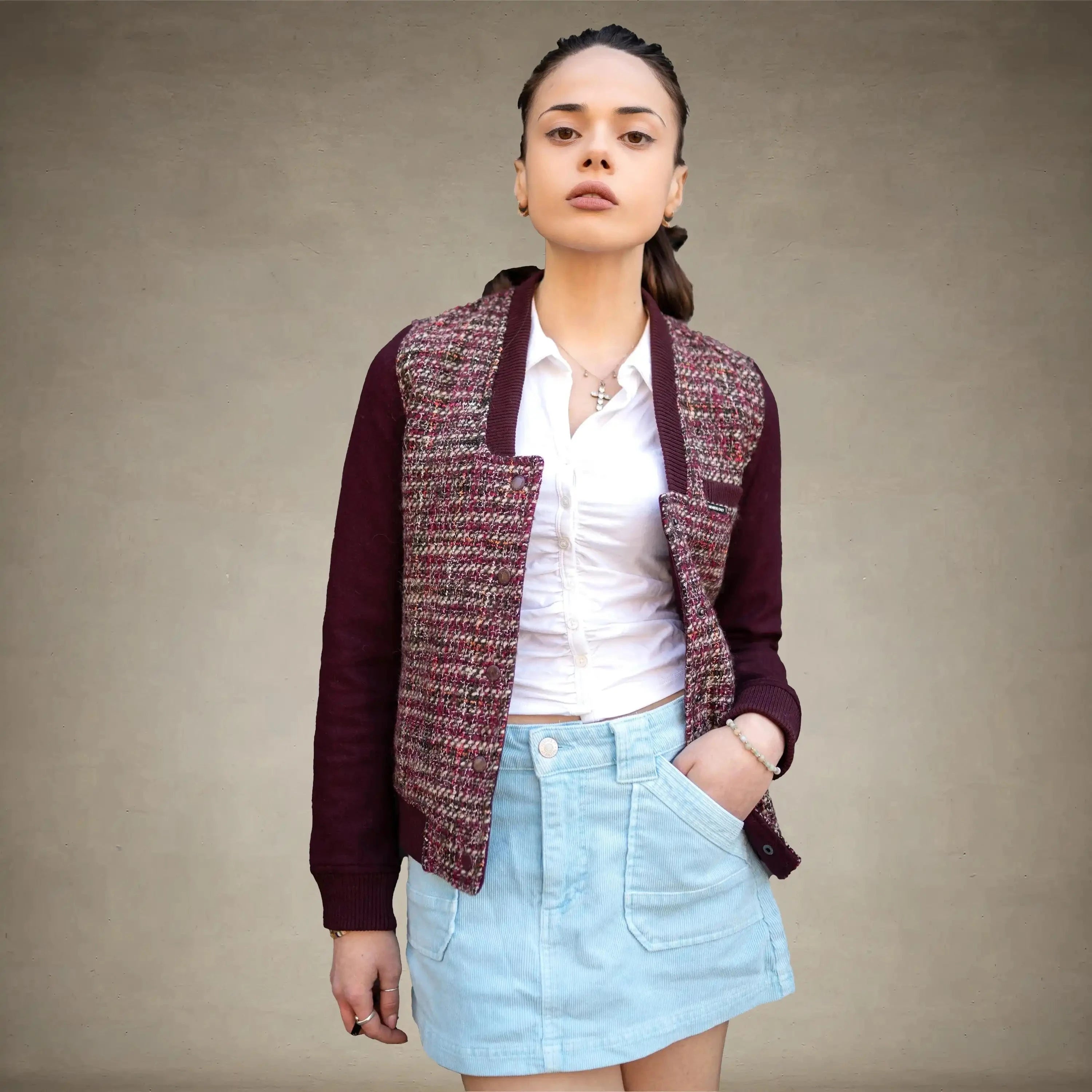 Women's Updated Tweed Varsity Jacket with Contrast Sleeve