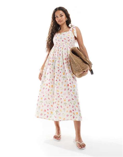 Petite Tie-Shoulder Maxi Dress in Fruit Print
