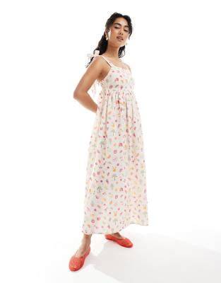 Tie-shoulder maxi dress in fruit print