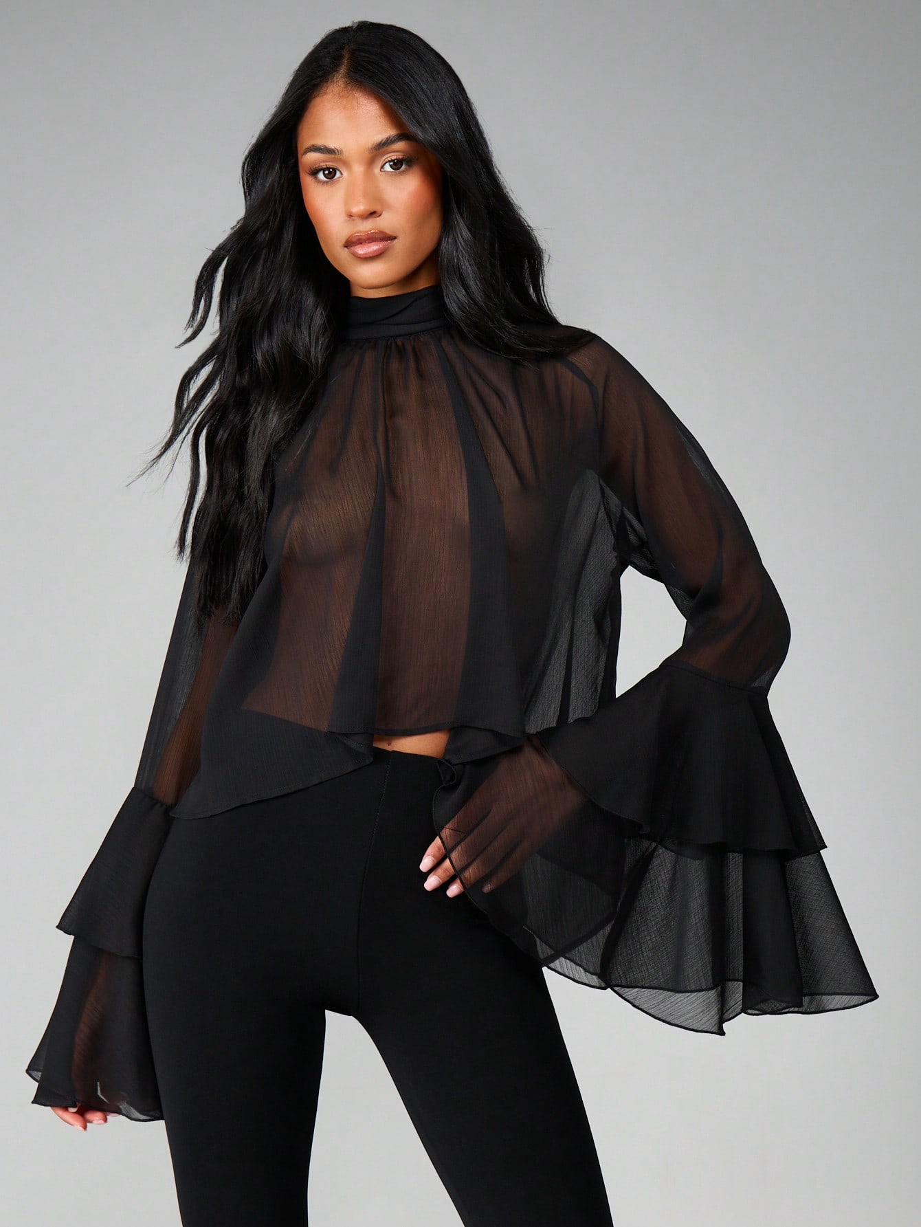 MISSGUIDED Sheer Ruffle Long Sleeve High Neck Blouse