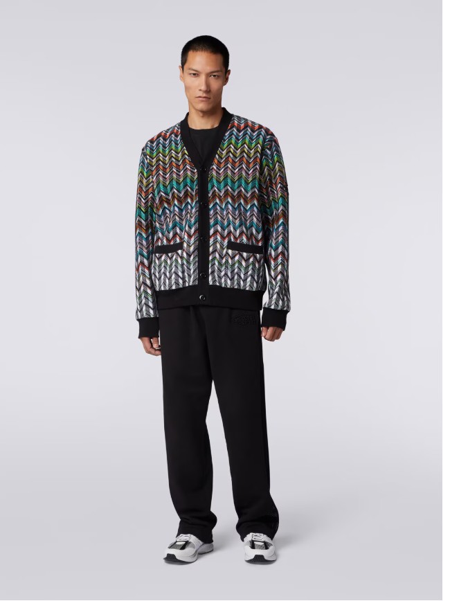 Cardigan in Zigzag Knit with Plain Trim