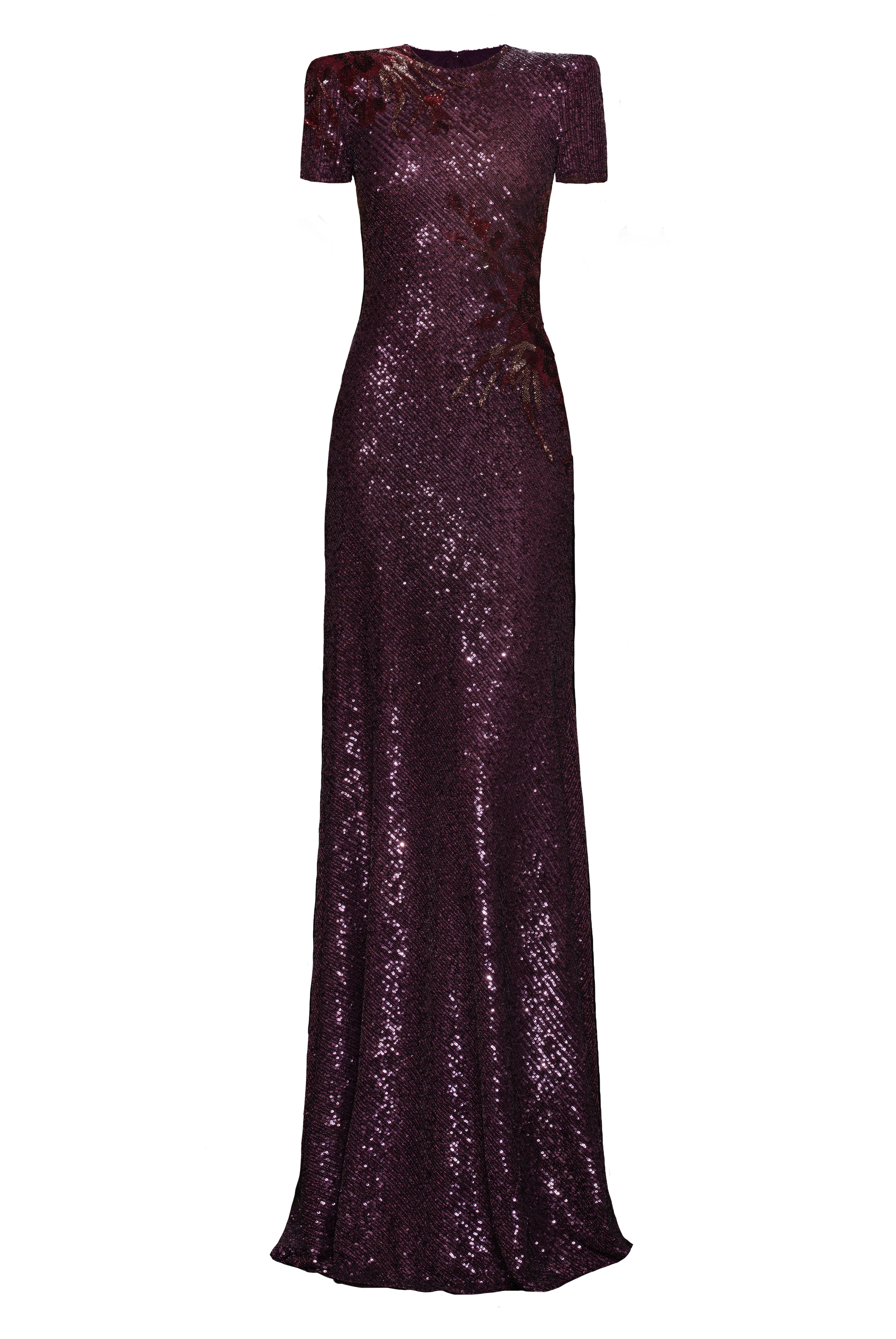 CREWNECK SHORT SLEEVE STRETCH SEQUIN GOWN WITH HAND-BEADED FLOWERS