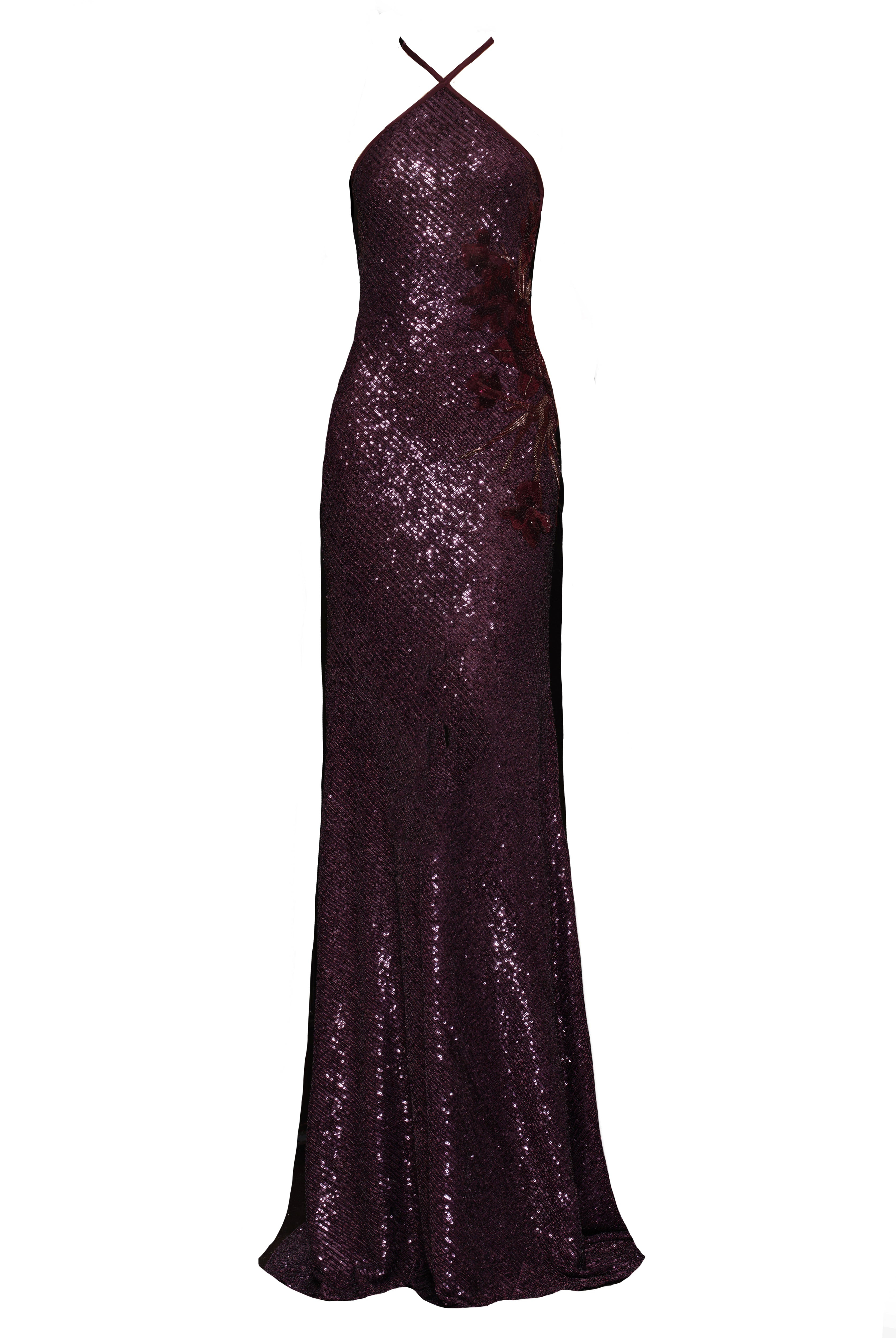 HALTER STRETCH SEQUIN GOWN WITH HAND-BEADED FLOWERS
