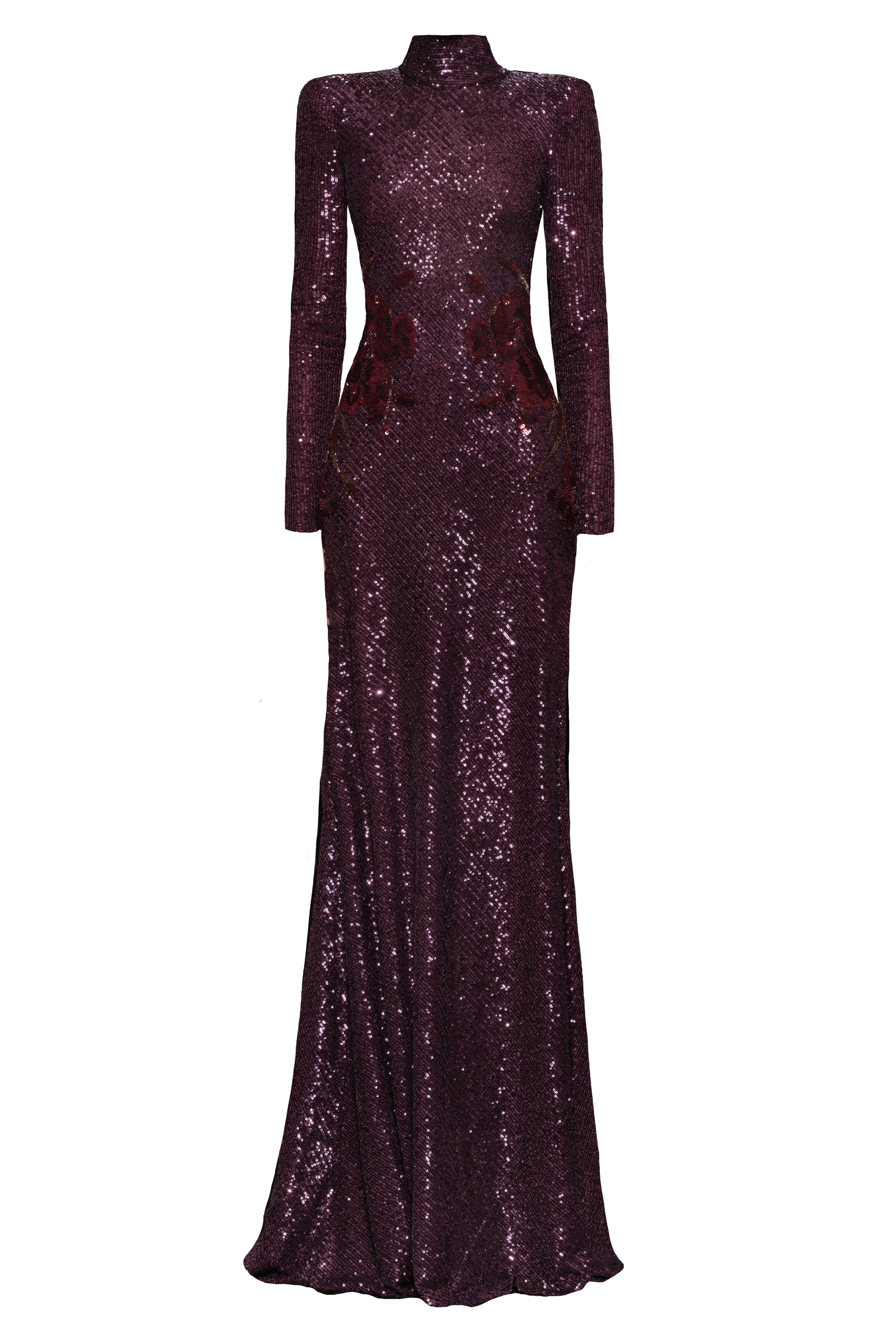 HIGH NECK LONG SLEEVE STRETCH SEQUIN GOWN WITH HAND-BEADED FLOWERS