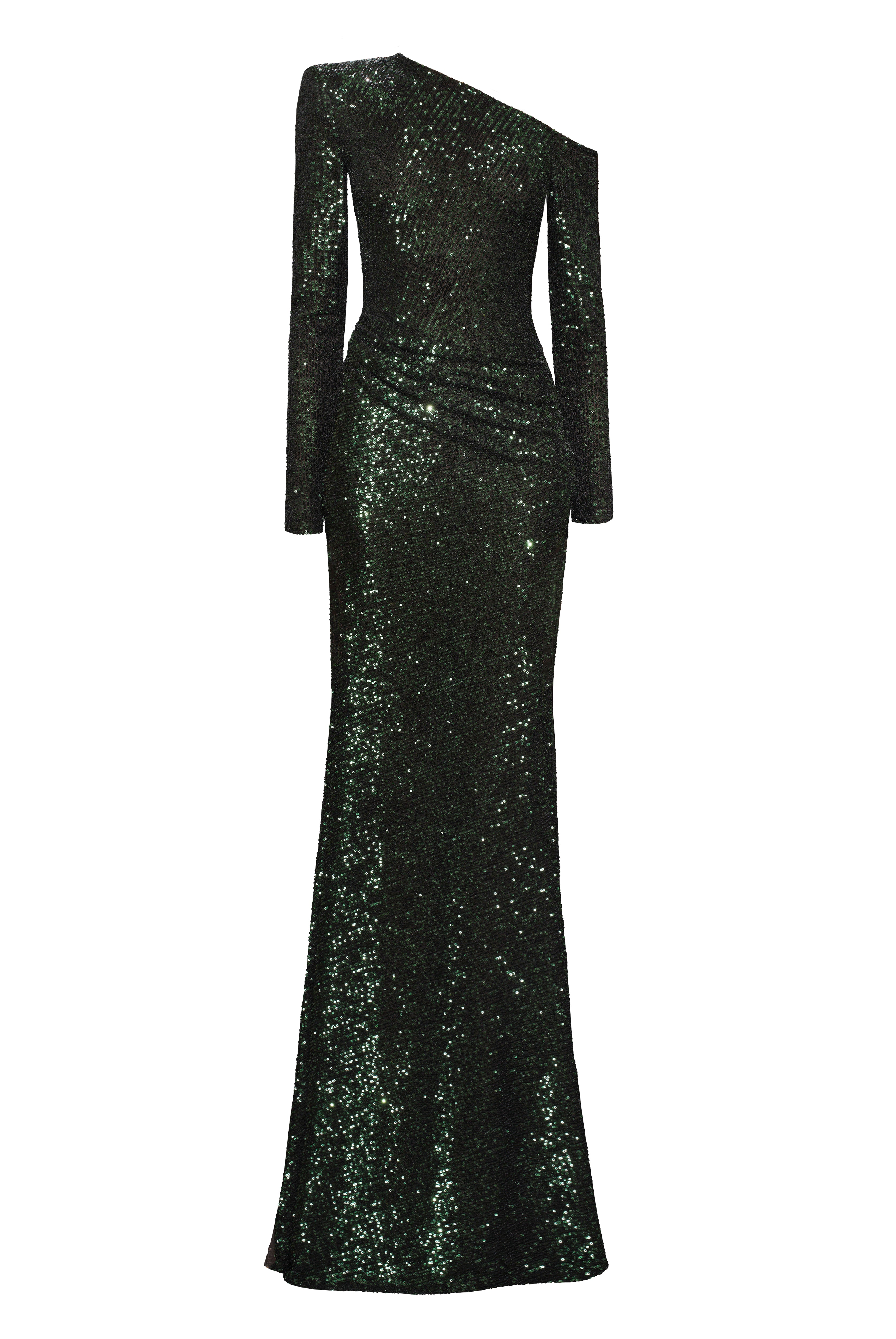 ONE SHOULDER DRAPED STRETCH SEQUIN GOWN