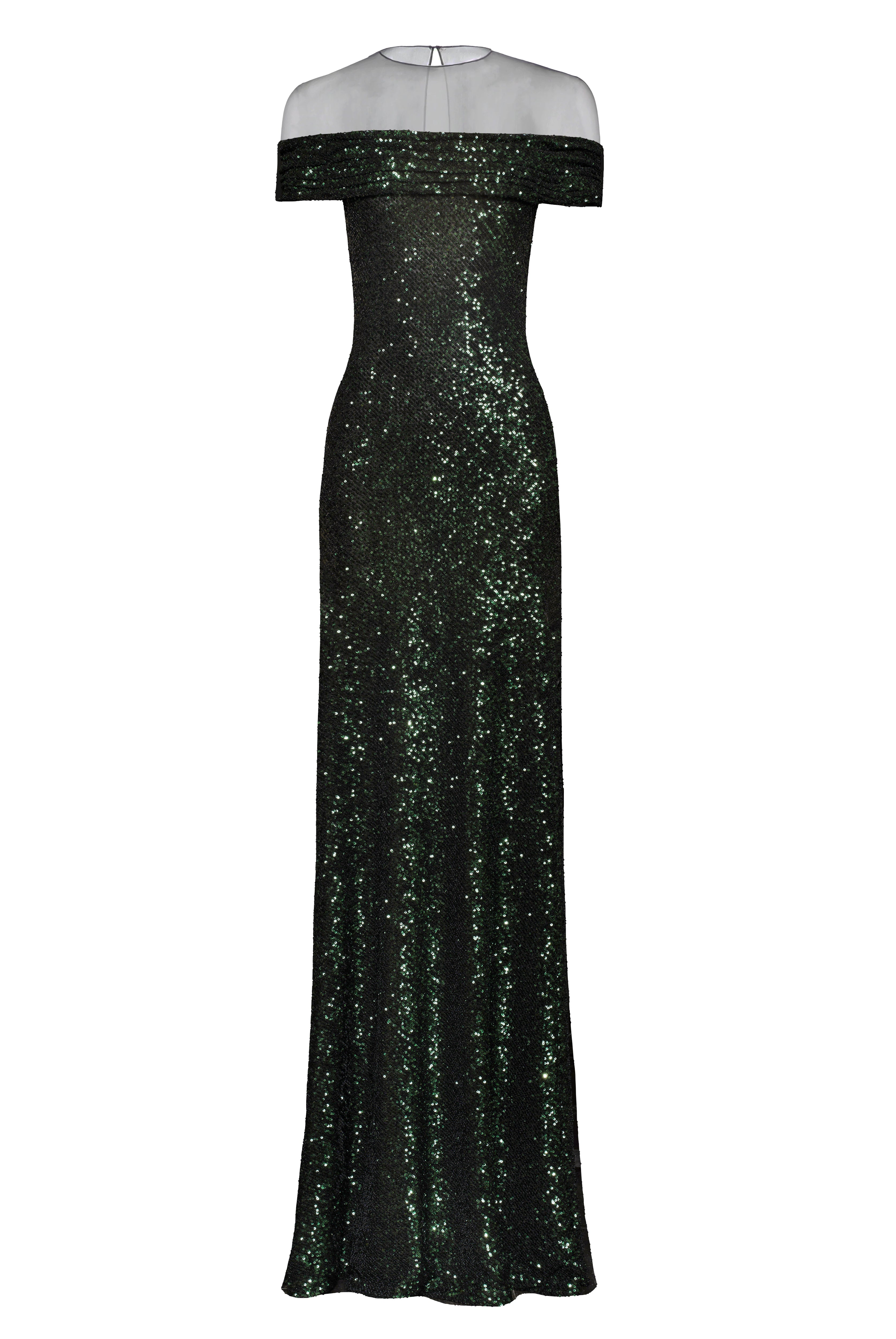 OFF-SHOULDER ILLUSION NECKLINE STRETCH SEQUIN GOWN
