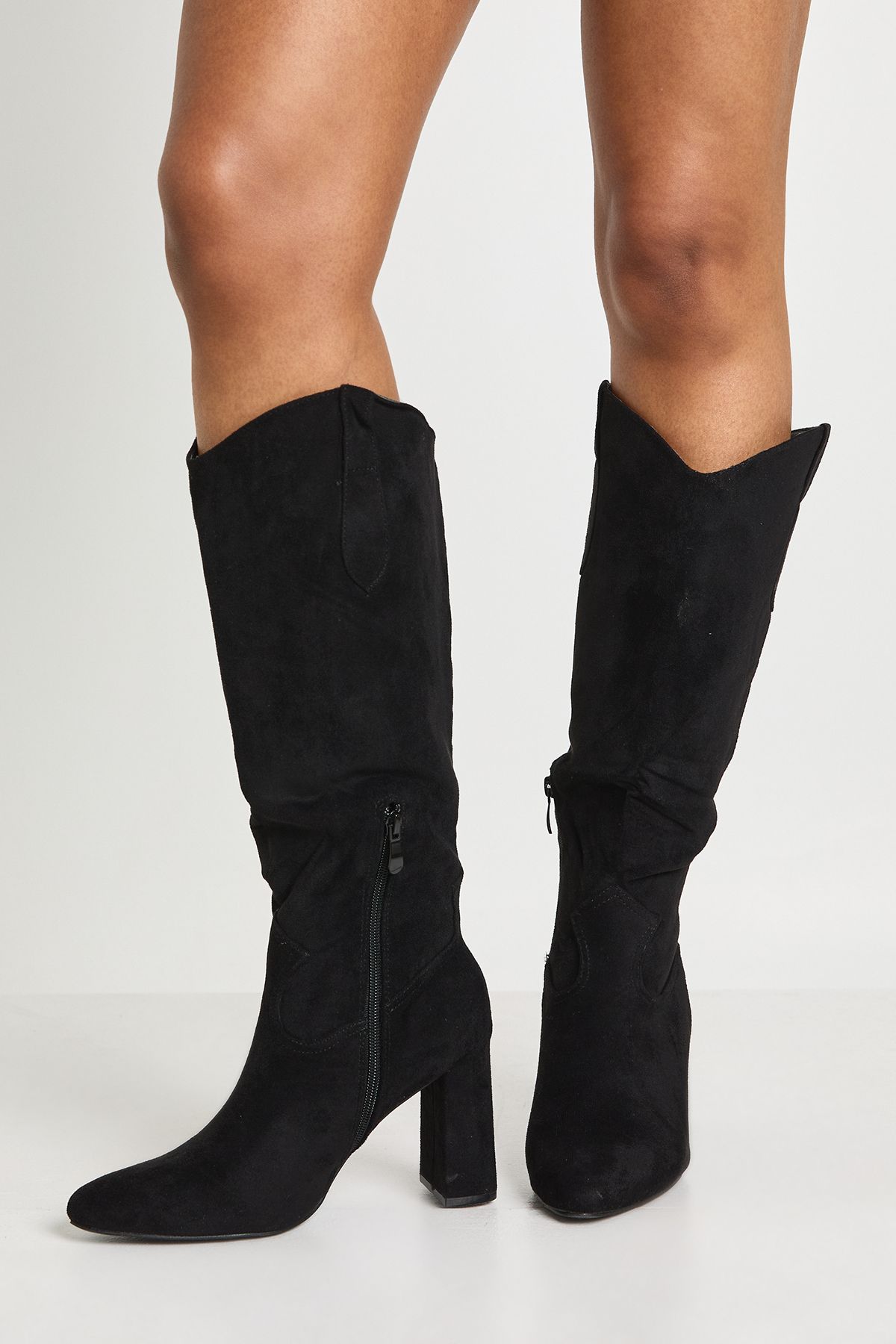 Faux Suede Curved Block Heel Knee High Boots