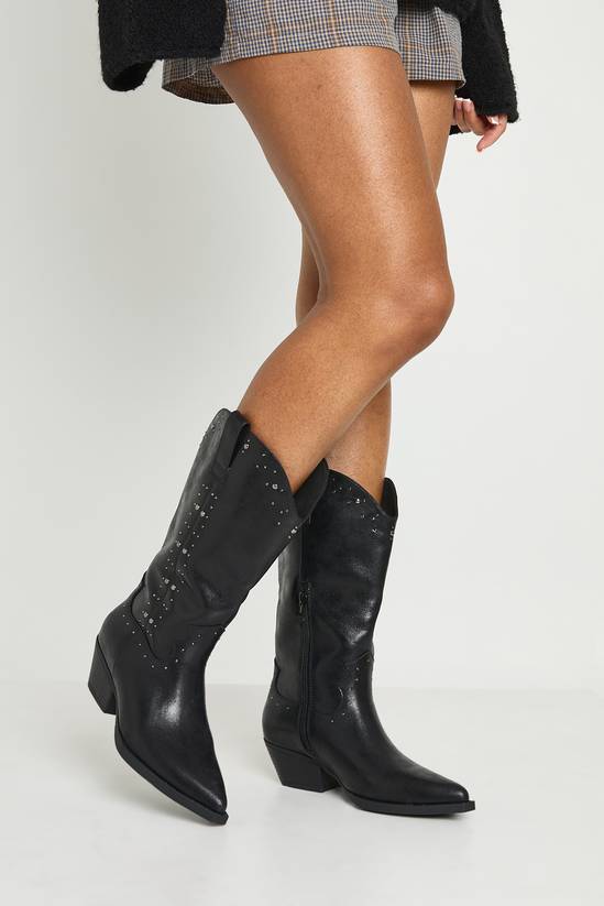 Faux Suede Stud Detail Knee High Western Cowboy Boots