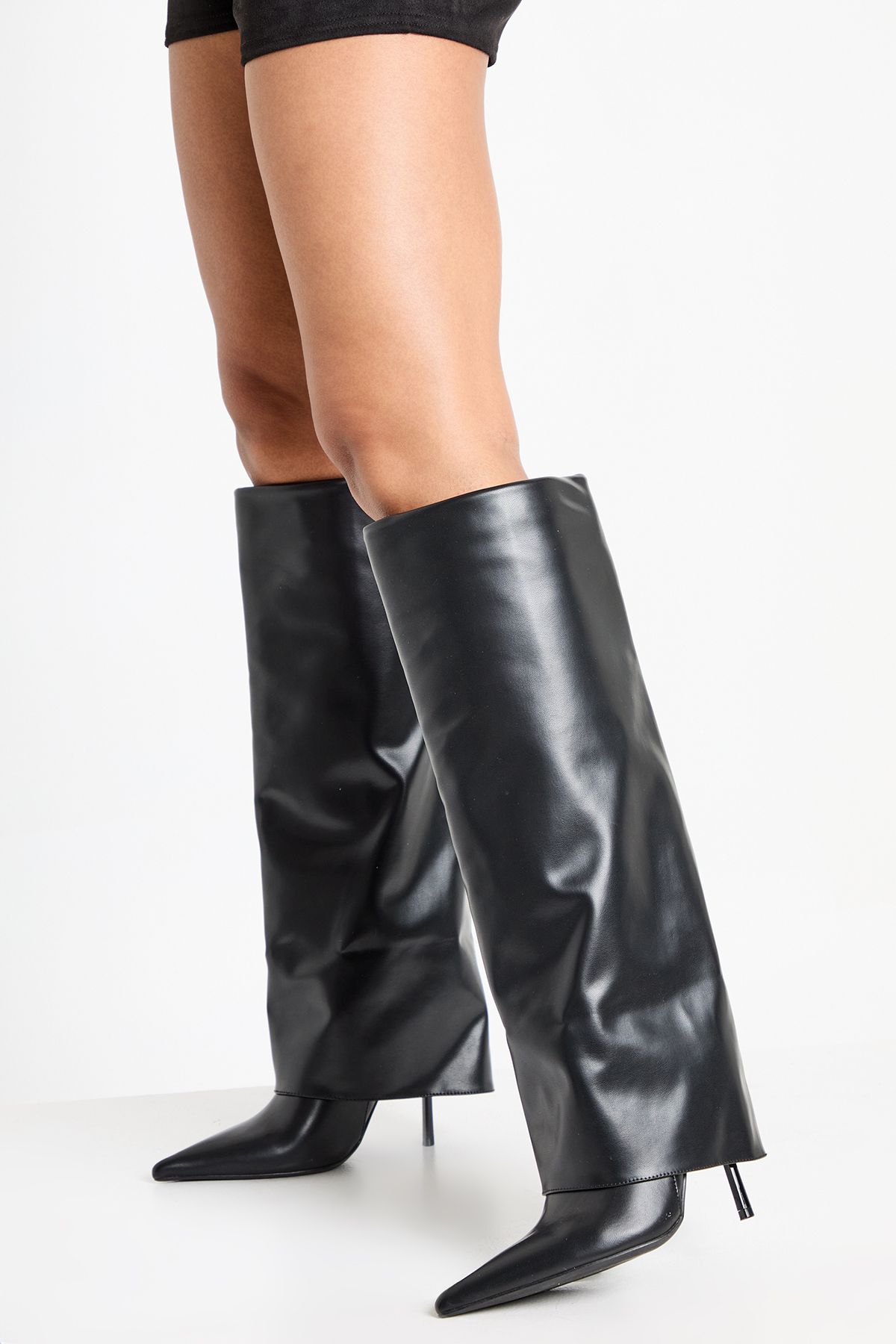Fold Over Stiletto Pointed Toe Knee High Boots
