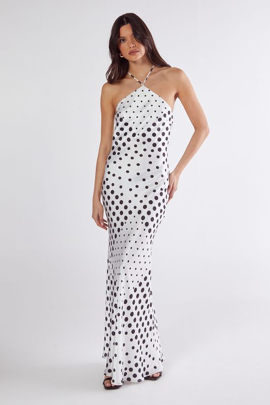 Satin Polka Dot Halter Neck Cowl Back Maxi Dress