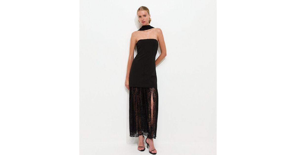 Black Lace Bandeau Midi Dress with Scarf