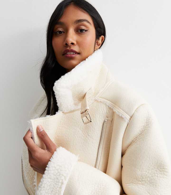 Cameo Rose Cream Teddy Collared Aviator Jacket