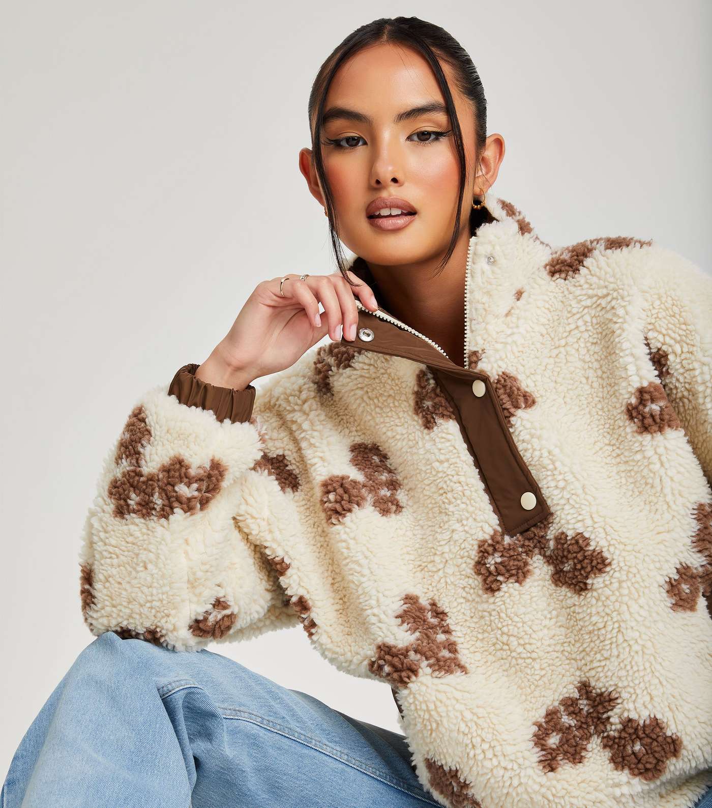 Urban Bliss Off White Floral Teddy High Neck Jacket