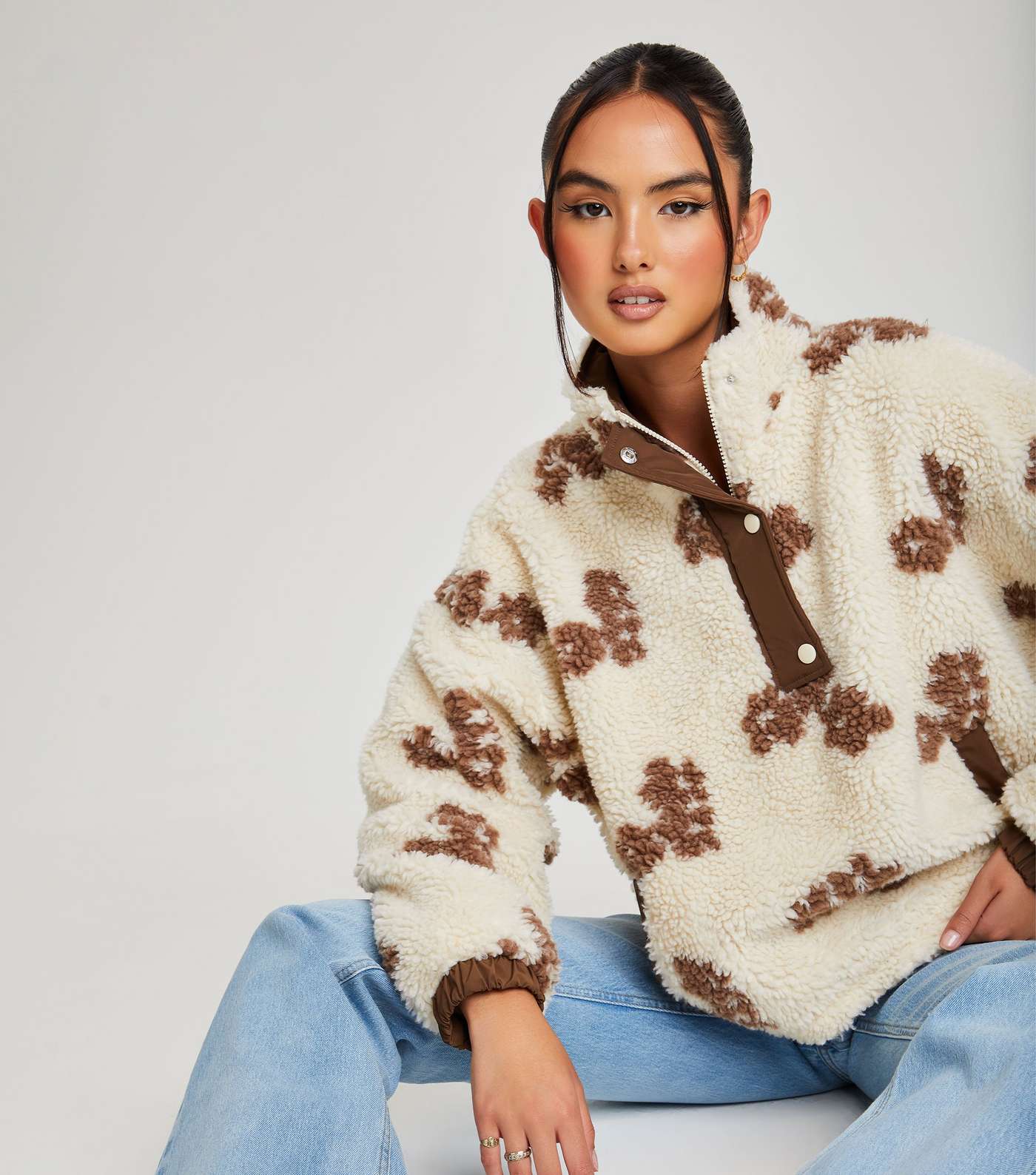 Urban Bliss Off White Floral Teddy High Neck Jacket