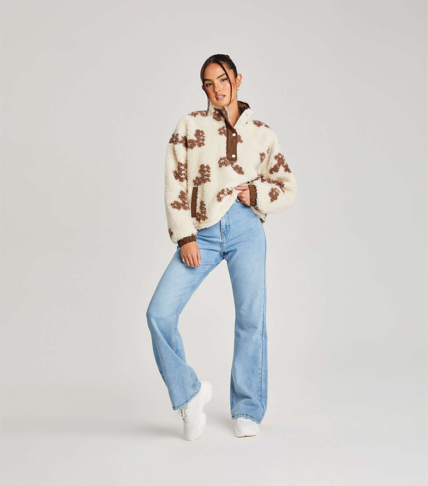 Urban Bliss Off White Floral Teddy High Neck Jacket