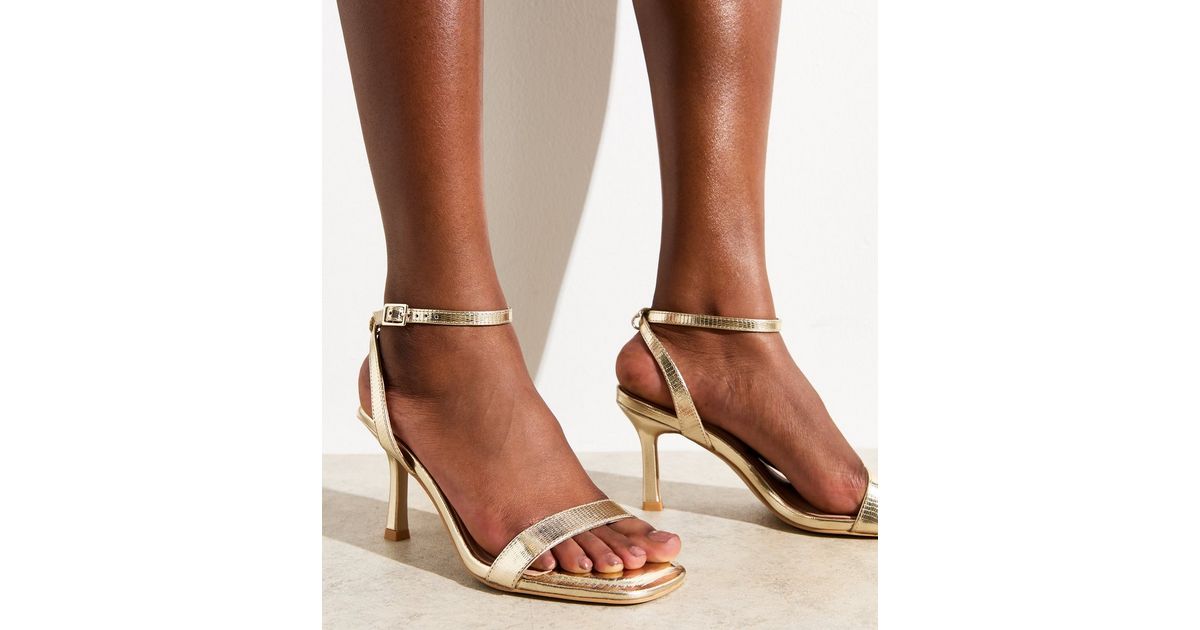 Gold Metallic Faux Leather Stiletto Heel Sandals