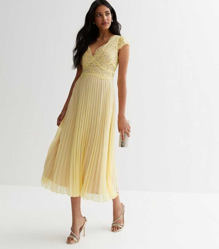 Pale Yellow Lace Pleated Midi Dress