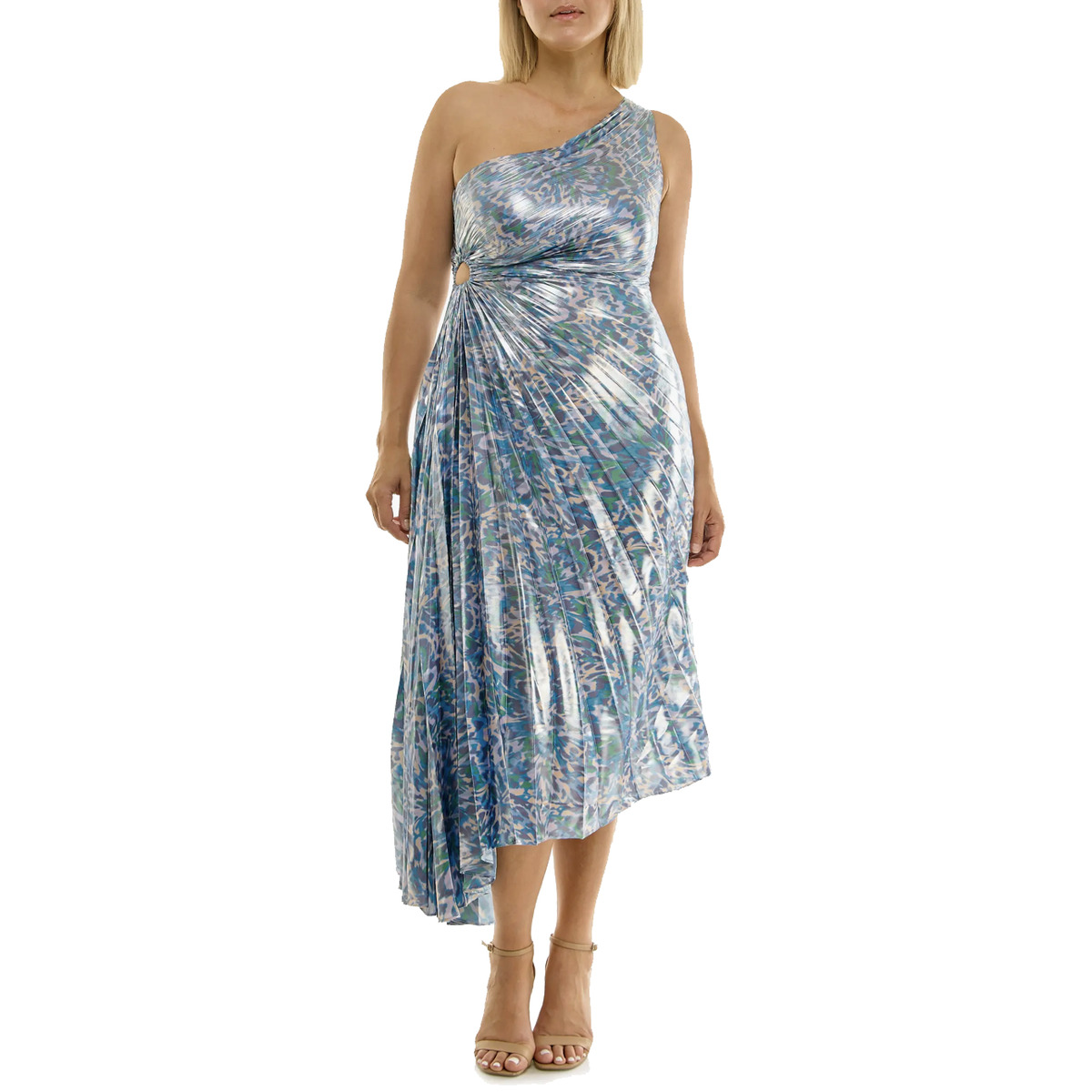 Pleated One-Shoulder Metallic Dress