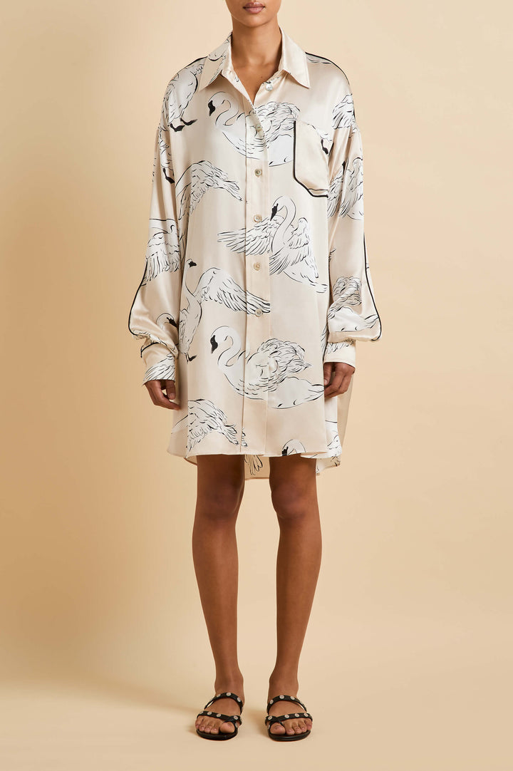 Felipa Blanca Cream Swan Nightshirt in Silk Satin