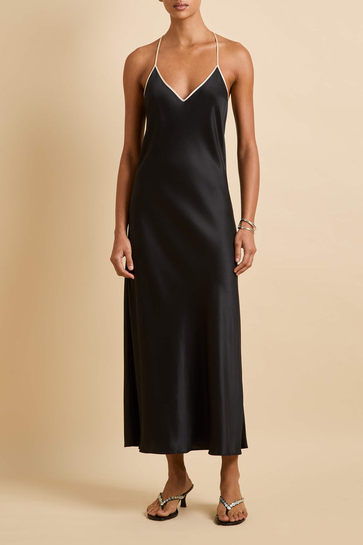 Gala Jet Black Slip Dress in Silk Satin