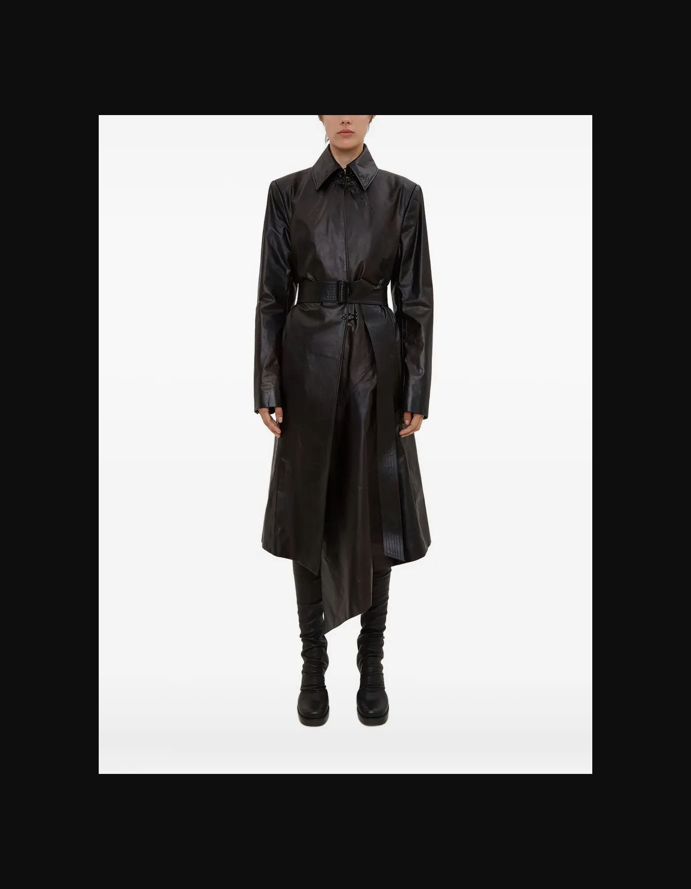 Pointed-Collar Belted Leather Coat