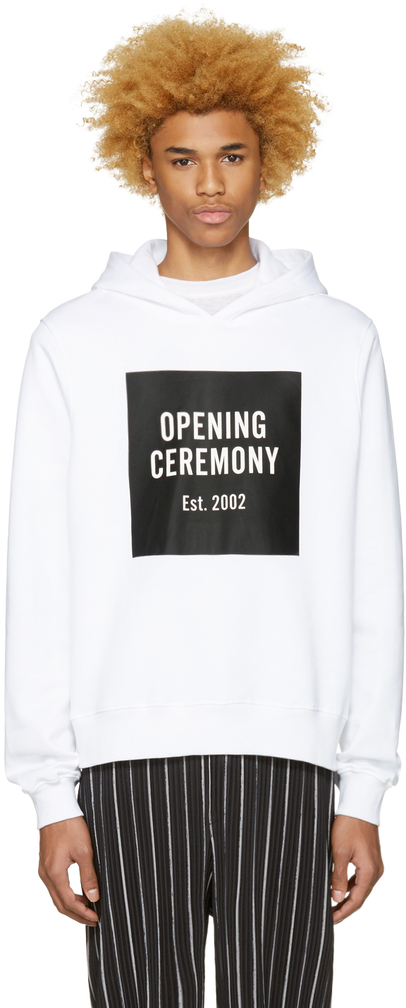 White hoodie with the box logo sitting squarely at the chest