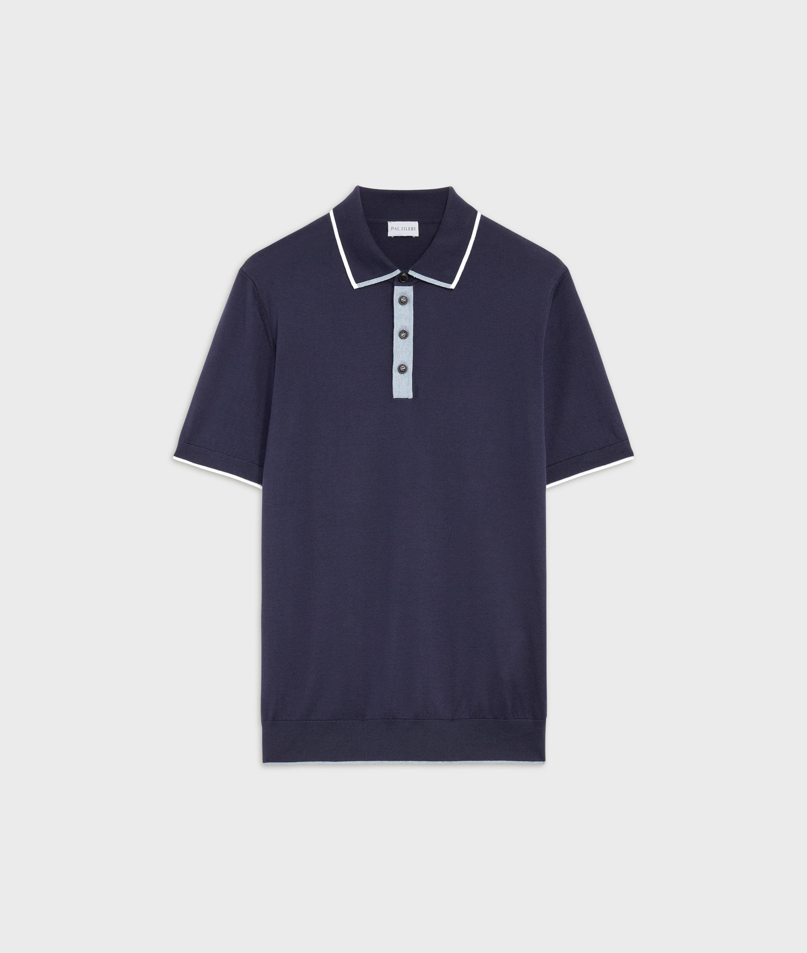 Navy Blue Cotton Knit Short Sleeved Polo Shirt With Intarsia Details