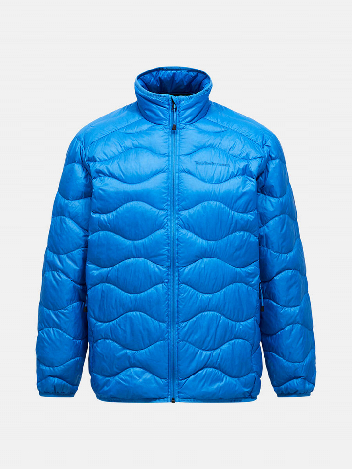 Bright blue quilted puffer jacket with a stand-up collar and full front zipper, shown from the front on a white background.