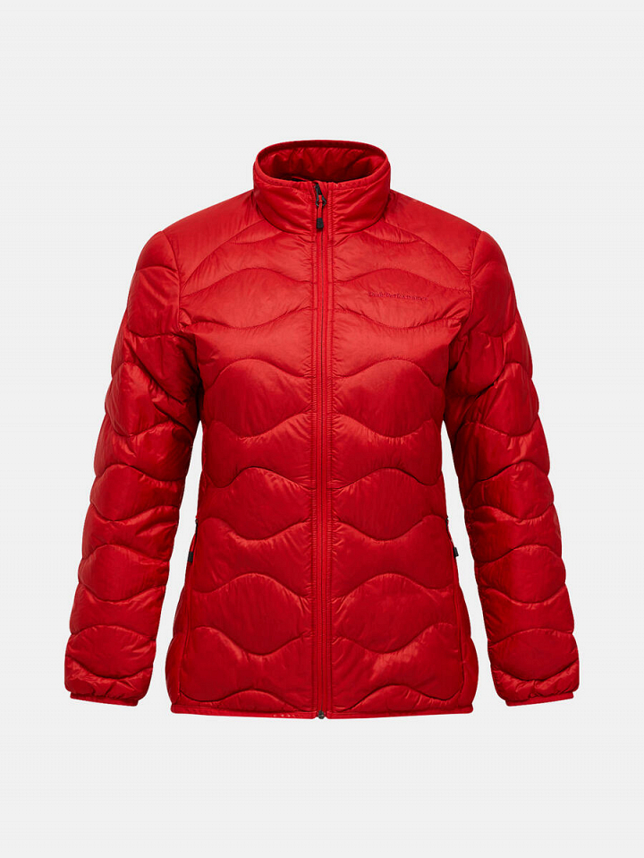 Red quilted puffer jacket with a stand collar, long sleeves, and a full-length front zipper on a white background.