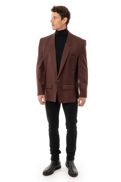 Detail view of the structured lapel and stripe